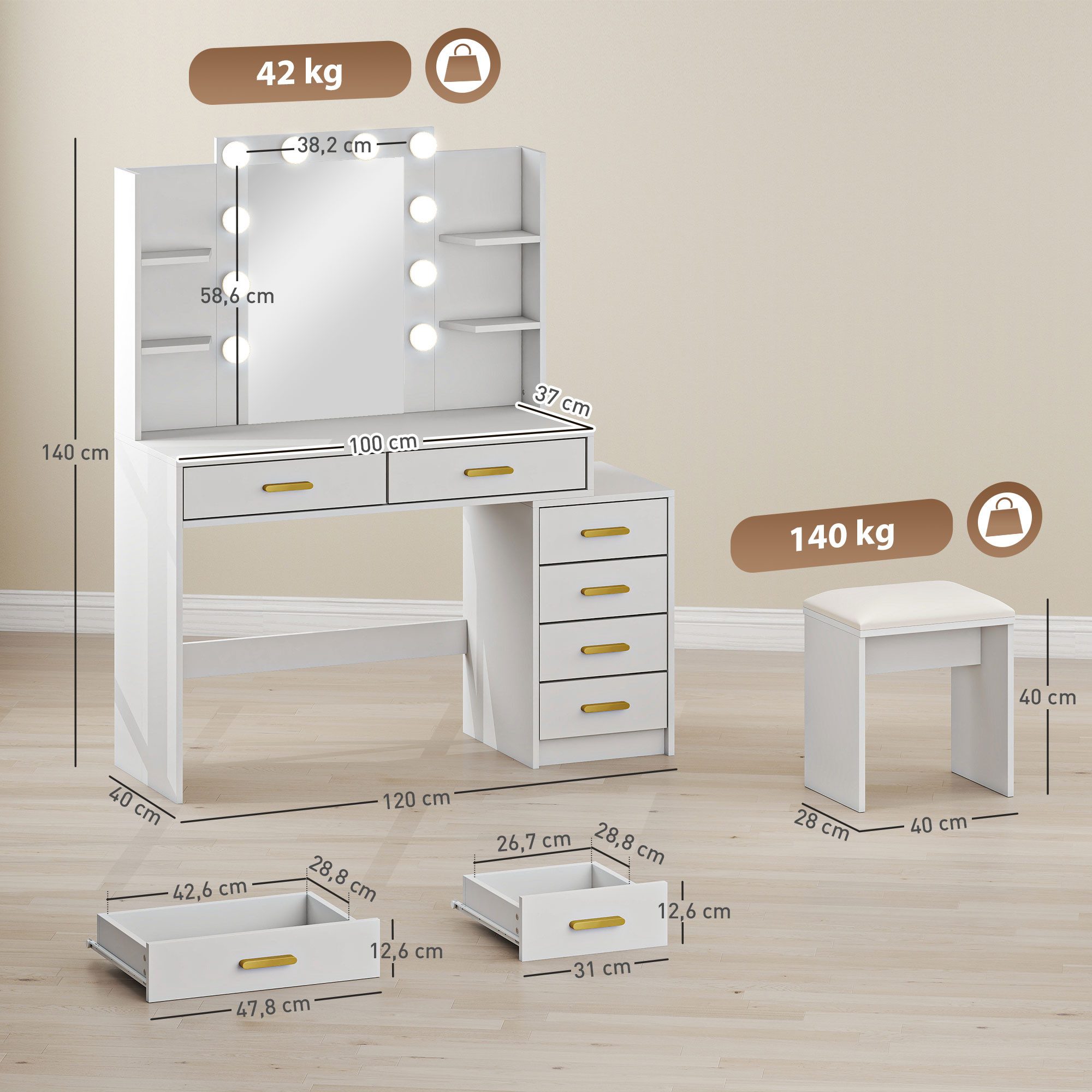 HOMCOM Schminktisch LED-Beleuchtung, 3 einstellbare Lichtfarben, Hocker, Glühbirnen (Frisiertisch, 2-St., Kosmetiktisch), mit Spiegel, 6 Schubladen, 4 offenen Ablagen