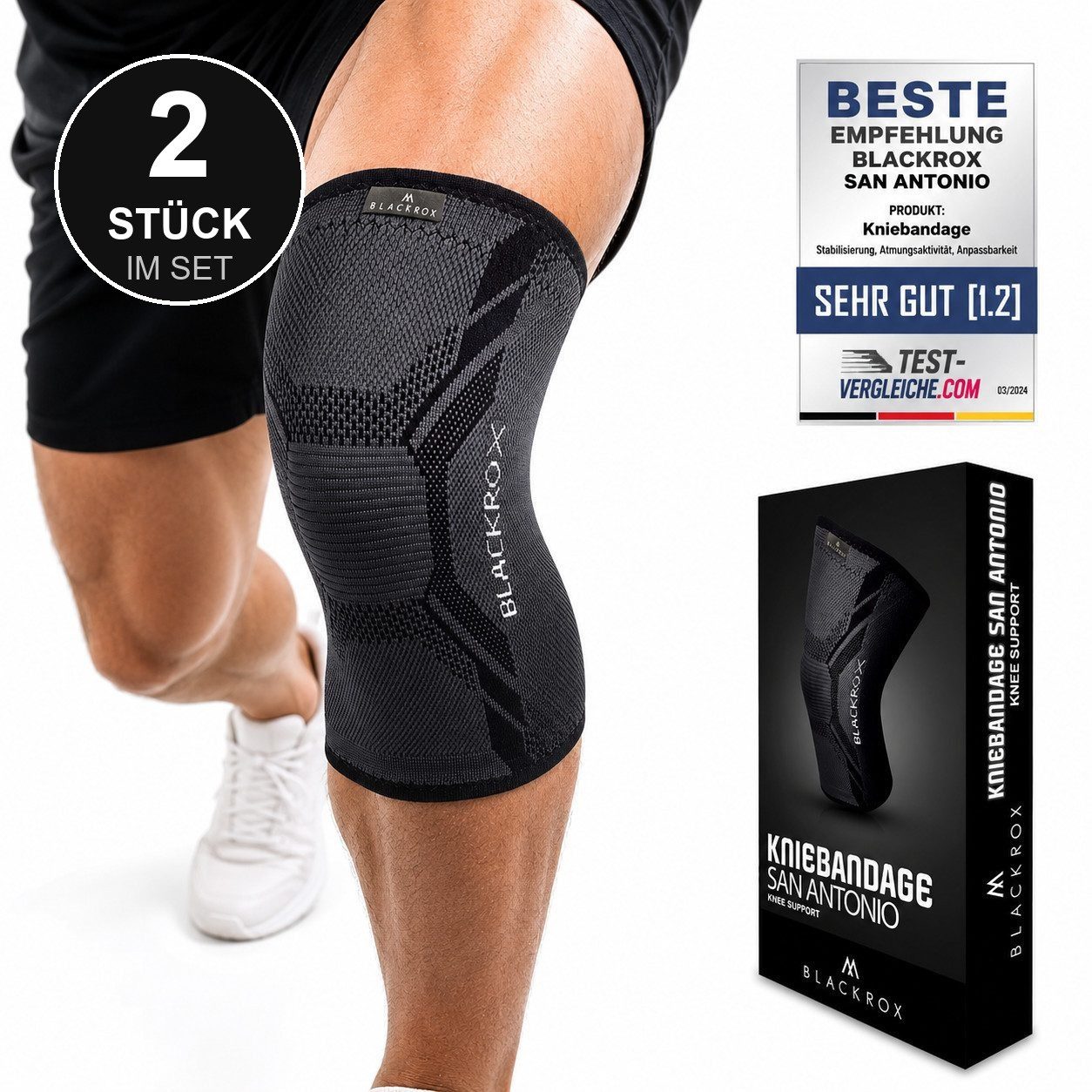 BLACKROX Kniebandage [Vergleichssieger 2026] SAN ANTONIO V4 2er-Set, Gr. S-XXL
