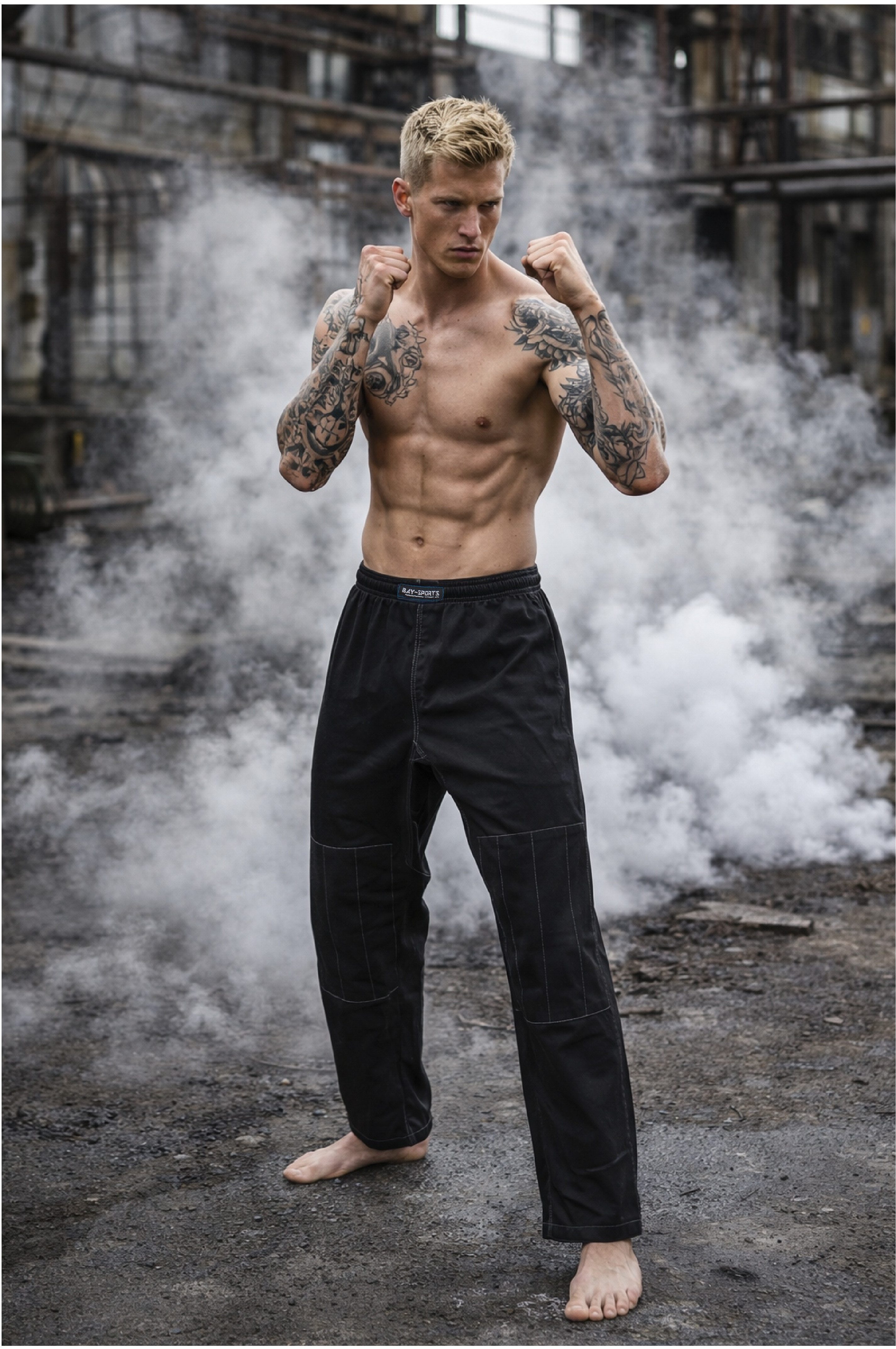 BAY-Sports Sporthose Kampfsporthose DEFENCE SV Karate Krav Maga Judo BJJ SV Ju Jutsu 100 % Baumwolle, verstärkter Kniebereich, 12 Unzen, schwere Qualität