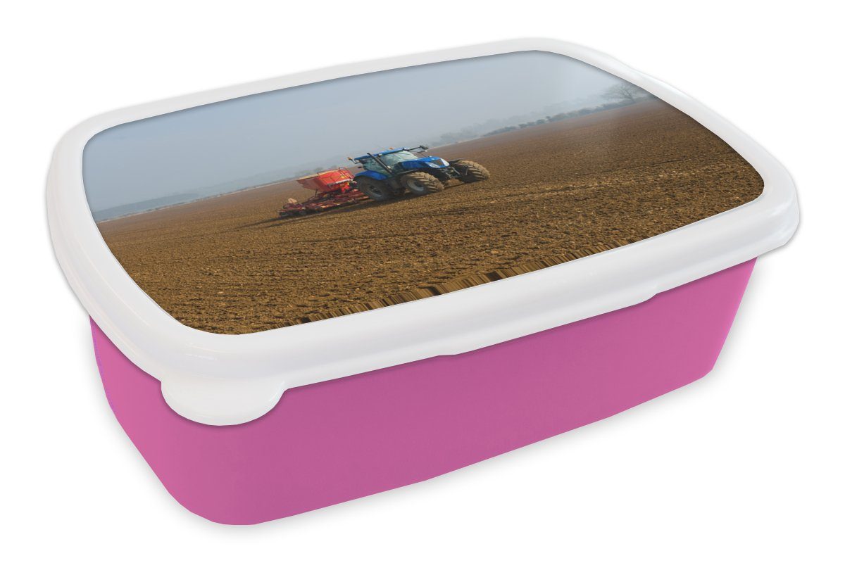MuchoWow Lunchbox Traktor - Blau - Nebel, Kunststoff, (2-tlg), Brotbox für Erwachsene, Brotdose Kinder, Snackbox, Mädchen, Kunststoff rosa