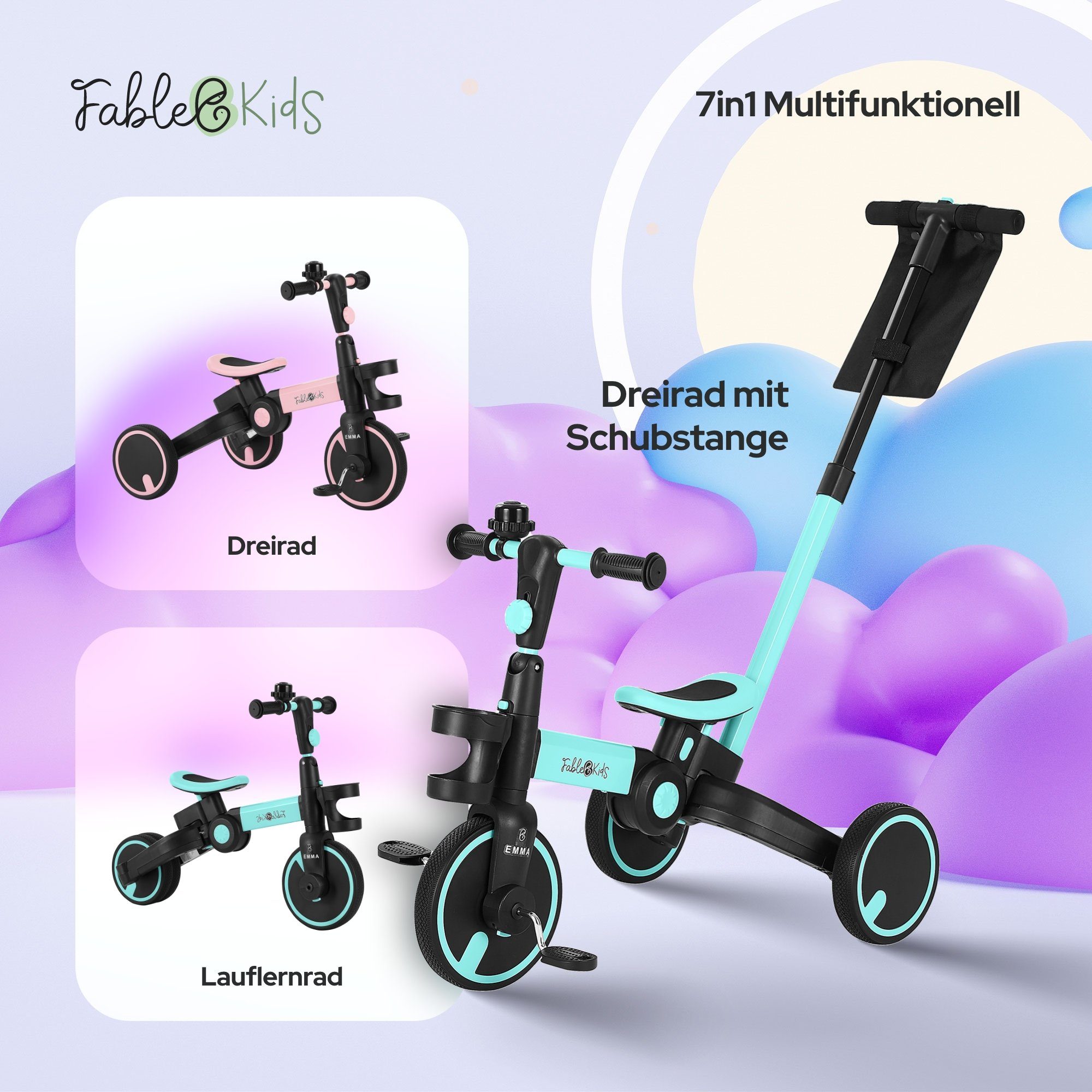 FableKids Dreirad EMMA 7in1 Kinderdreirad Laufrad Lernrad Kinder Fahrrad, ab 18 Monaten Becherhalter, Klingel Lenkstange