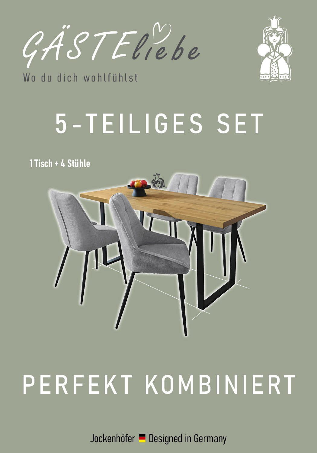 Jockenhöfer Gruppe Essgruppe ROGER, Sitzgruppe, Esstisch 160 cm, 4 Stühle, (Set, 5-tlg., Esstisch 160 cm plus 4 Esszimmerstühle), Tischplatte Wildeiche, Stühle mit Webstoff