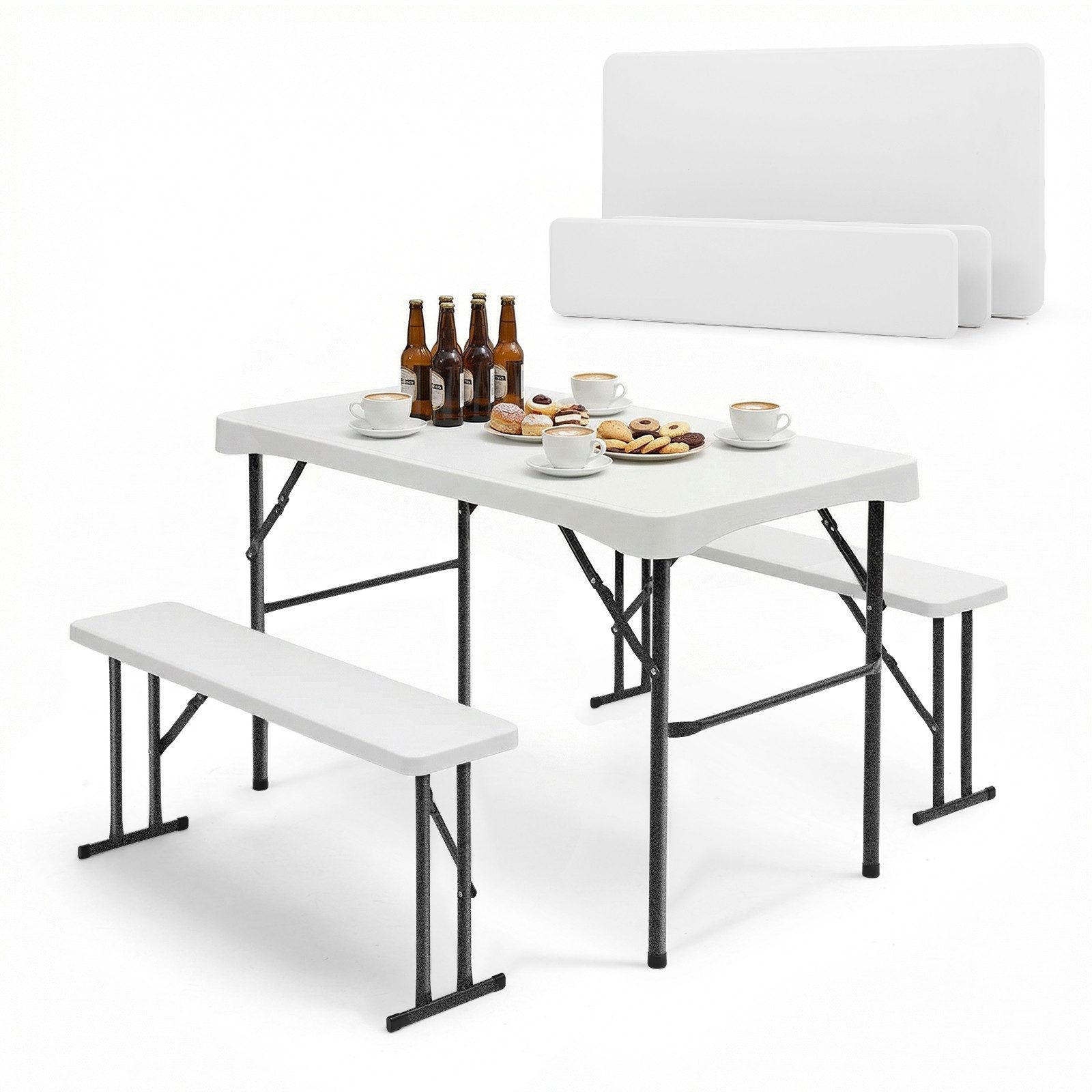 Sekey Garten-Essgruppe 3-teilig Bierzeltgarnitur Klappbar Biertisch Esstisch Set mit 2 Bänken, Klappbar Biertisch Set für 4 Personen, Festzeltgarnitur, Weiß