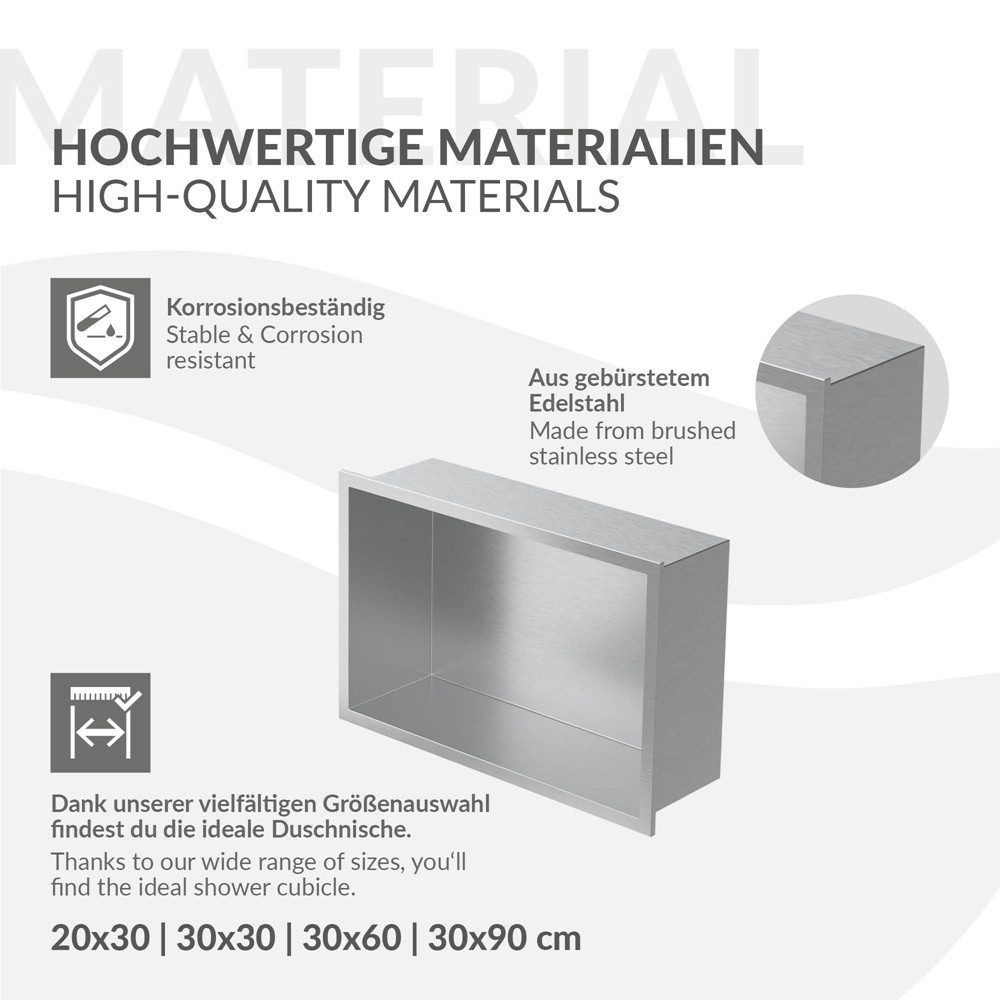 LuxeBath Duschwand Wandnische mit Rahmen aus Edelstahl Flexibler Einbau für Badezimmer, Duschnische Silber 20x30x10cm Einzelregal & Rahmen Befliesbare Nische – Bild 5 von 5