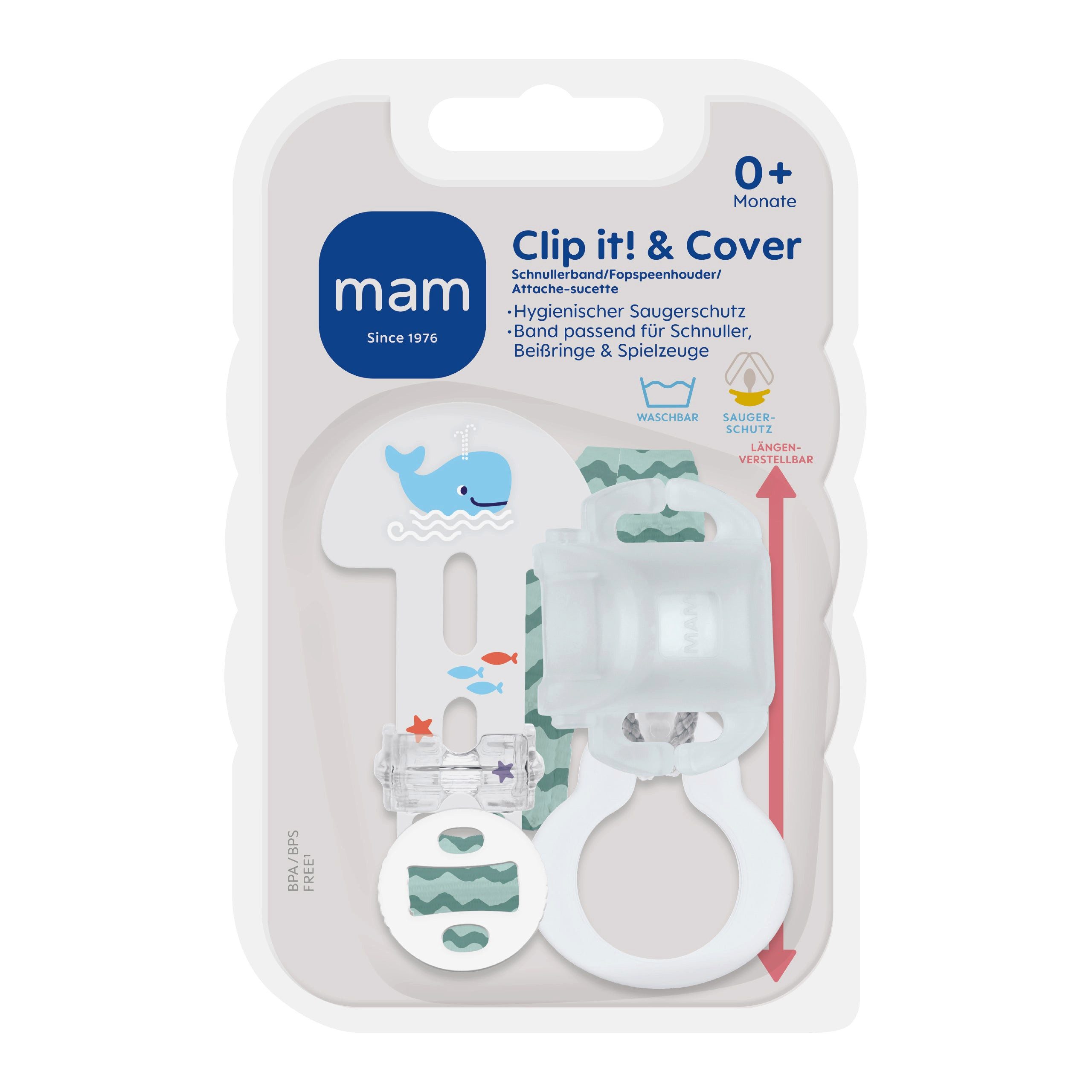 MAM Babyartikel Schnullerbefestigung Schnullerband Clip it & Cover, Schnullerkette & Saugerschutz in Einem