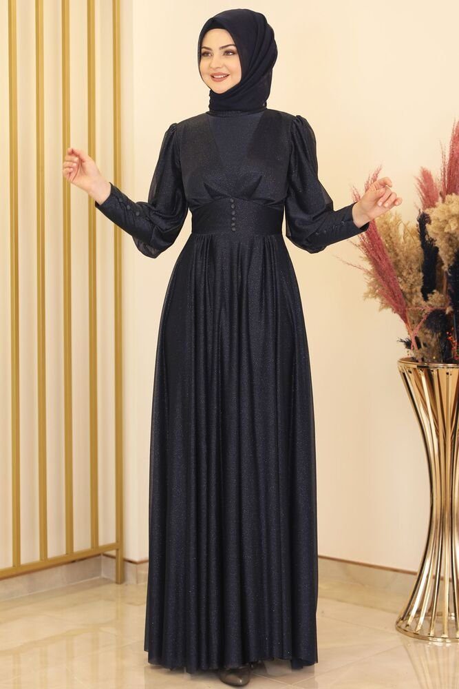Modavitrini Tüllkleid Damen Abendkleid Abiye Abaya Hijab Kleid Modest Fashion aus silbrigem Tüllstoff dunkel Blau