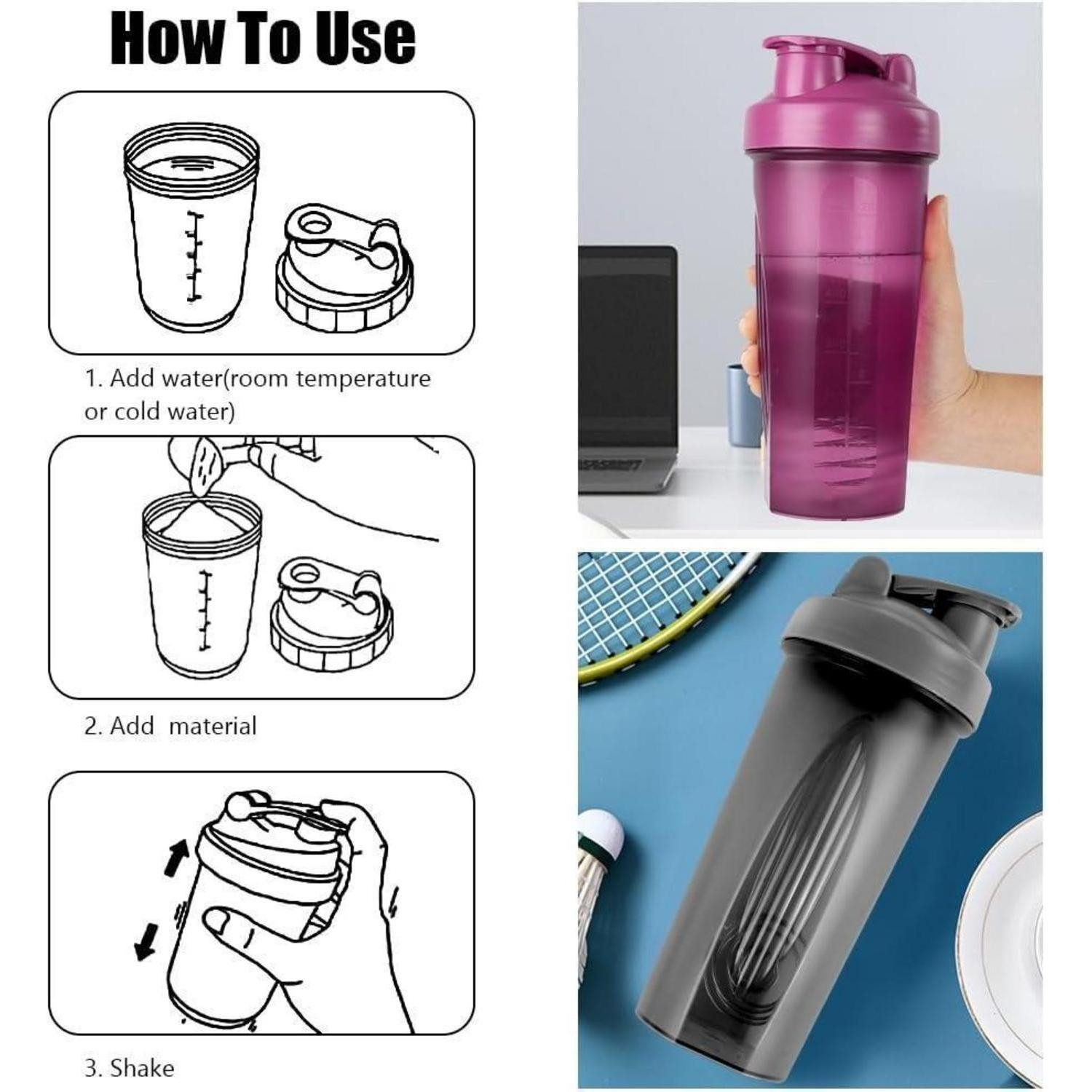 LuxusKollektion Protein Shaker Protein Shaker 600ml mit Messskala BPA frei auslaufsicher Shake Becher