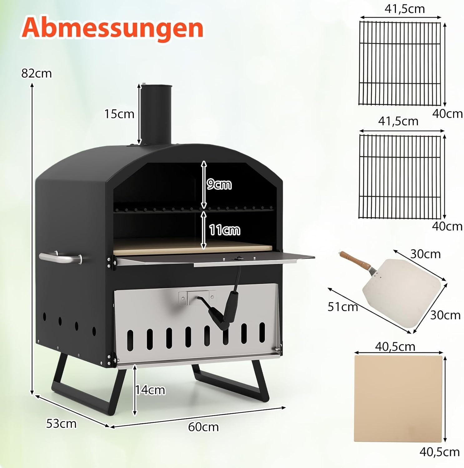 KOMFOTTEU Pizzaofen doppelwandiger Pizza Ofen, mit Pizzaschaufel, Backrost und Pizzastein