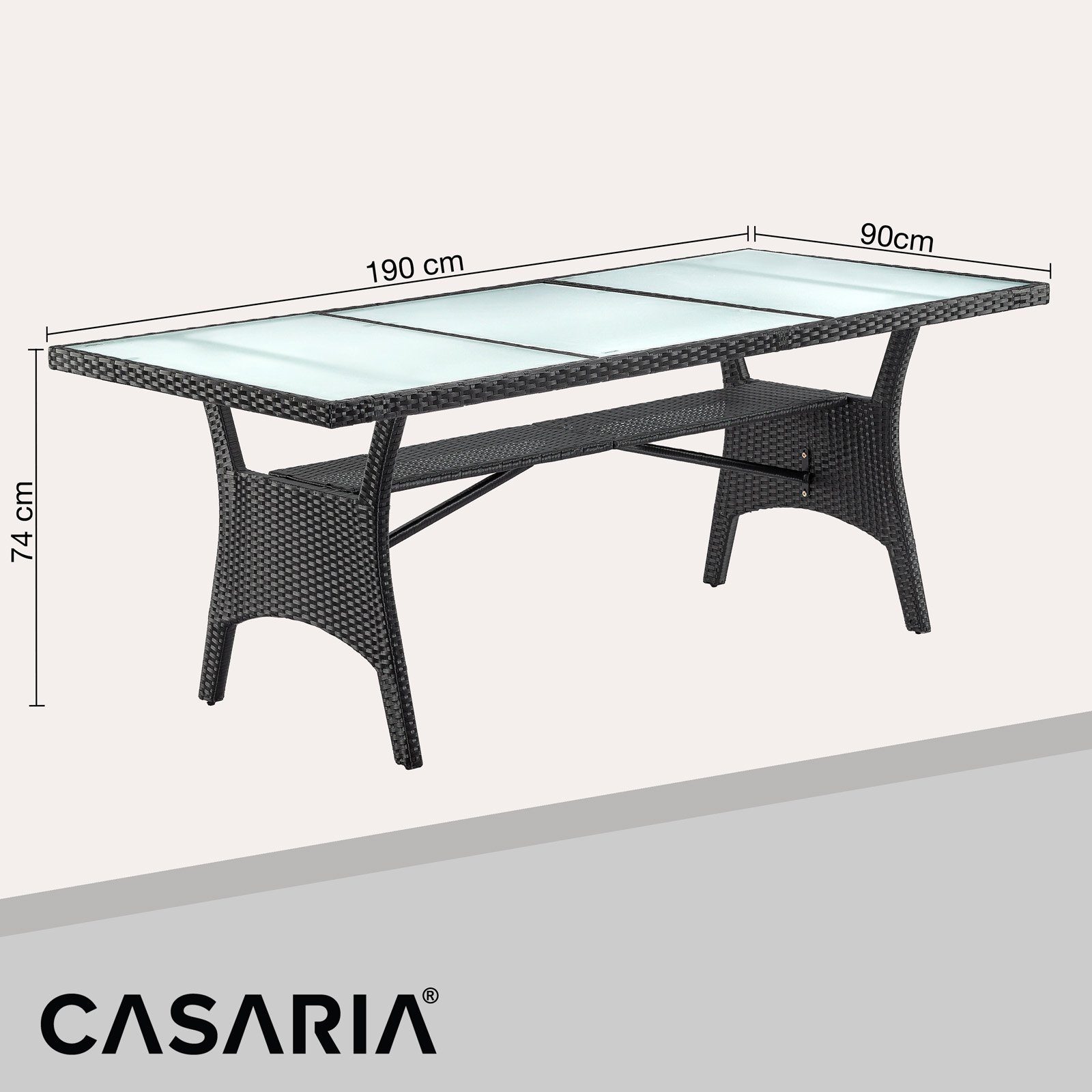 (1-St), Sicherheits mit 190x90x74cm Gartentisch Polyrattan Glasplatte Schwarz Ablage Casaria