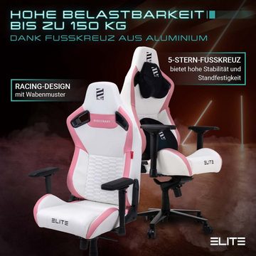 ELITE Gaming Gaming-Stuhl verstellbarer Profi Gamingstuhl ELITE Mercenary inkl. 4D-Armstützen (Drehstuhl inkl. Kopf- und Lendenwirkbelkissen (Alcantara-Optik), bis 150 kg, klappbare Rückenlehne - bis zu 135° neigbar, Home Office geeignet, Sicherheits-Doppelrollen, 360 Grad horizontal drehbar, Sicherheitsgasdruckfeder, Hohe Belastbarkeit, Chefsessel, Computer Stuhl, Drehsessel, Racing Chair, Gaming Chair, Computerstuhl, Pflegeleicht, hochwertige Verarbeitung, ergonomischer Gaming Stuhl mit Racing-Design, 1 St), Ergonomischer Bürostuhl - Racingstuhl - Chair - High-End Zockerstuhl