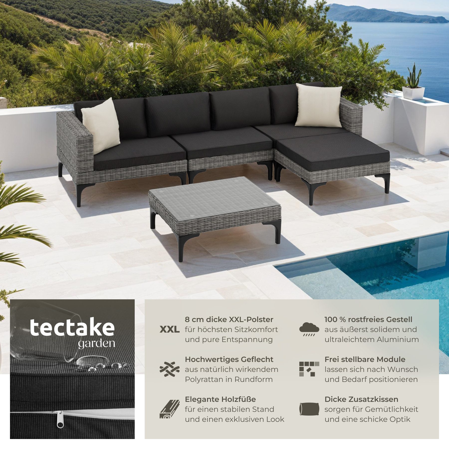 tectake Loungeset Rattan Sitzgruppe mit Aluminiumgestell, hochwertiges Geflecht, (Gartenlounge-set Konstanza, 5-tlg., geeignet für Outdoor in Grau), wetterfest und UV-beständig, Dicke der Sitzpolster 8 cm