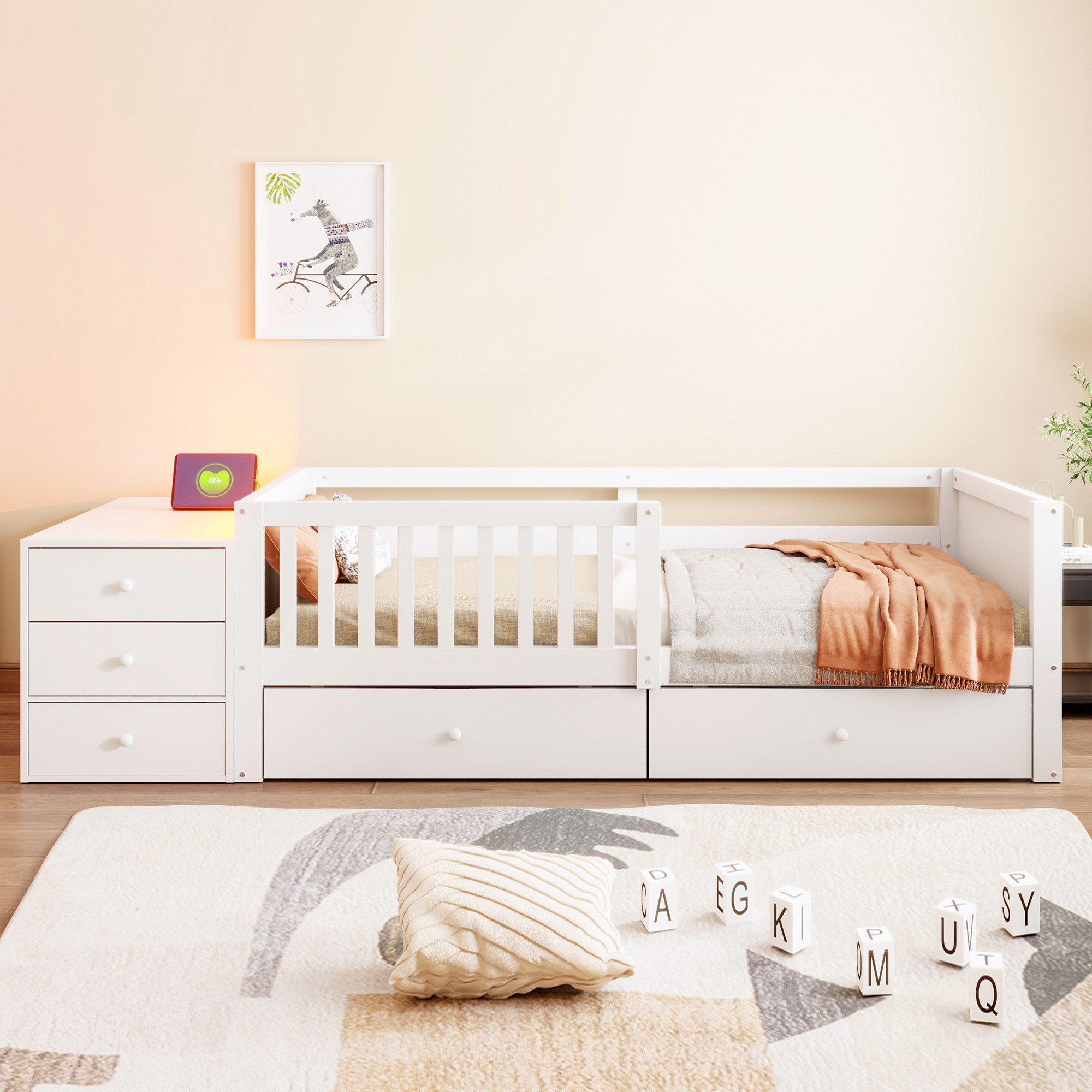 STILVORA Kinderbett 90×200 mit Stauraum Jugendbett Einzelbett, ohne Matratze (2 Schubladen, Regale, Klapptür, Steckdose), für Schlafzimmer, Gästezimmer und moderne Wohnungen