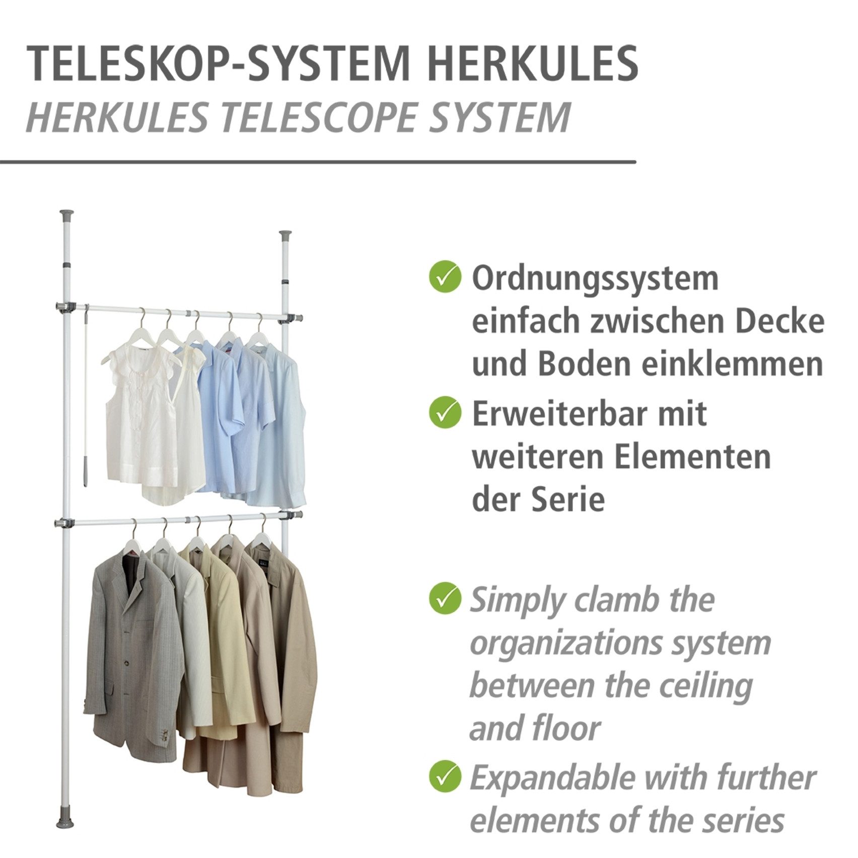 WENKO Teleskopregal Modell Herkules Basic, Kleiderstangen zum Klemmen ohne Bohren, verstellbar in Höhe & Breite
