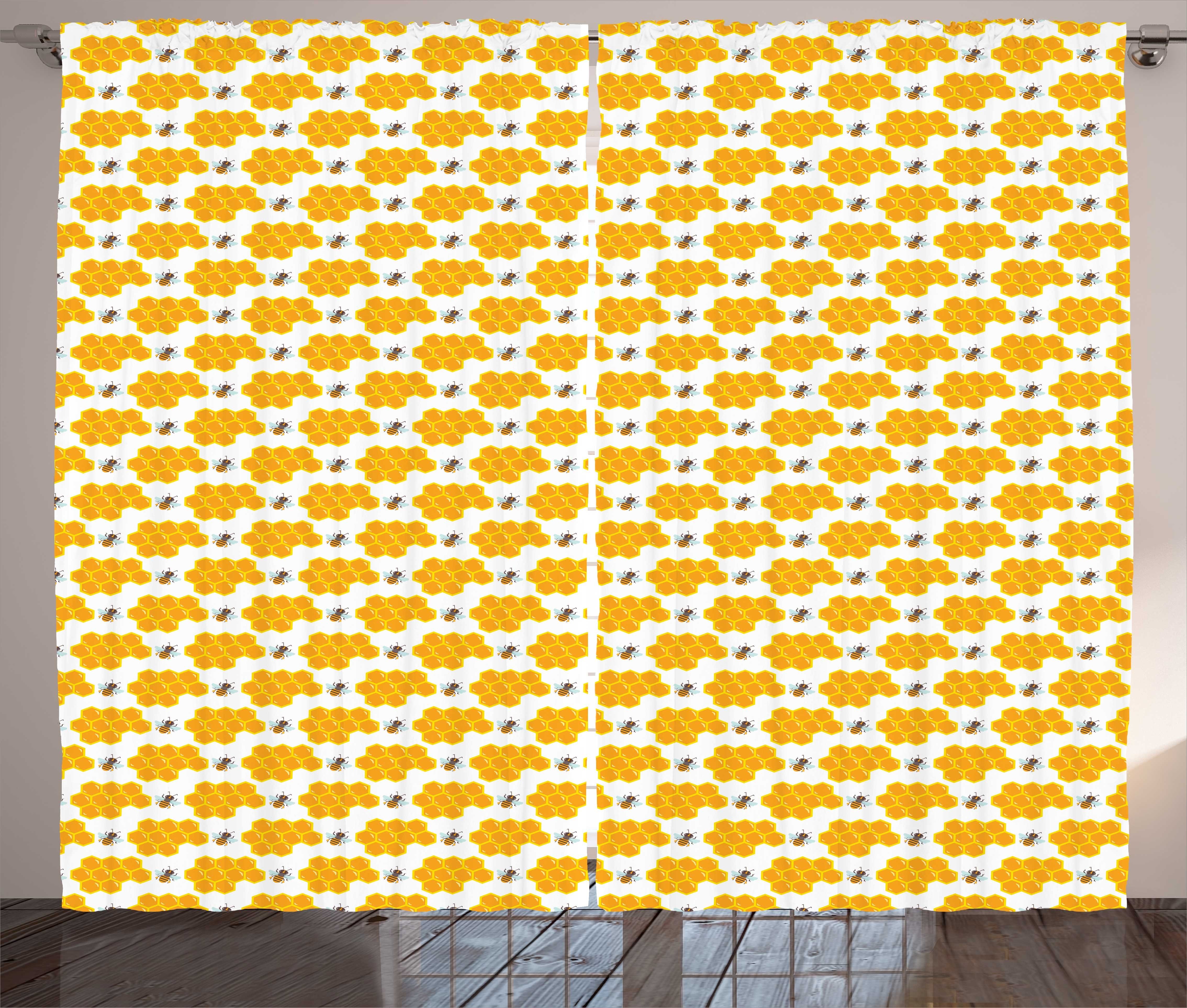 Gardine Schlafzimmer Kräuselband Vorhang mit Schlaufen und Haken, Abakuhaus, Karikatur Bumble Bee Honey Comb Stil