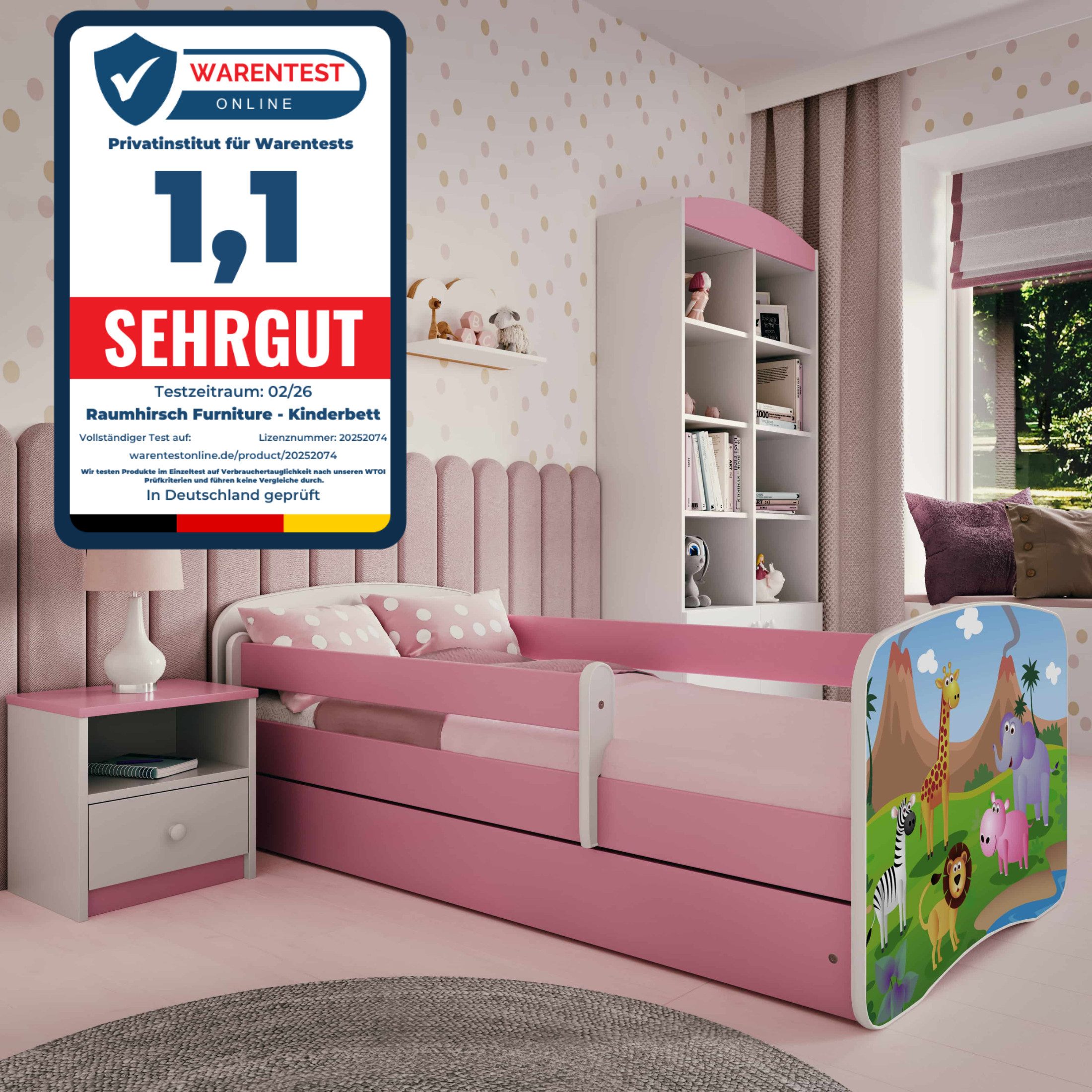 Raumhirsch Furniture Kinderbett 70x140, 80x160, 80x180 cm - Komplettset mit Matratze & Schublade (Bett für Mädchen, Einzelbett für Kinder von 2-12 Jahren, Rausfallschutz und Lattenrost), verschiedene Farben & Designs