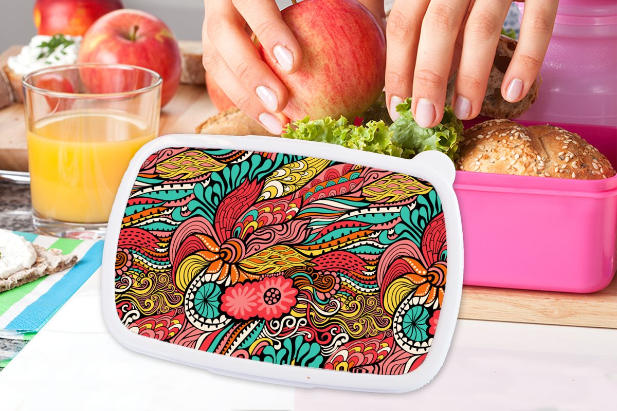 Brotdose Blumen, MuchoWow - Kunststoff, für Lunchbox Bohème Muster Kunststoff Brotbox Snackbox, - Mädchen, (2-tlg), Kinder, rosa Erwachsene,