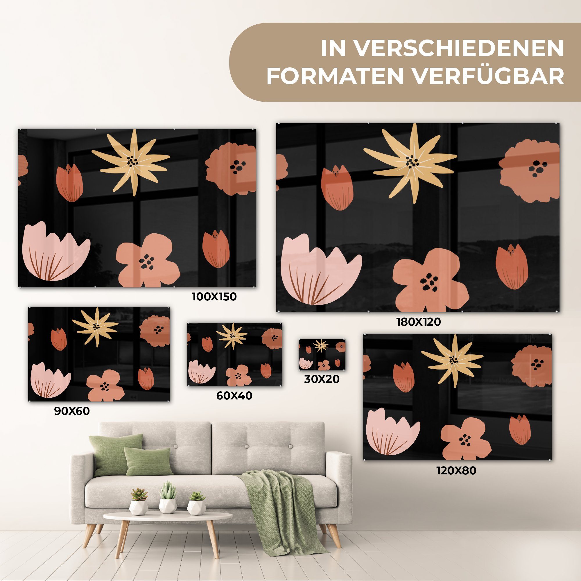 St), MuchoWow - Acrylglasbilder - (1 Blumen & Muster, Acrylglasbild Schwarz Schlafzimmer Wohnzimmer