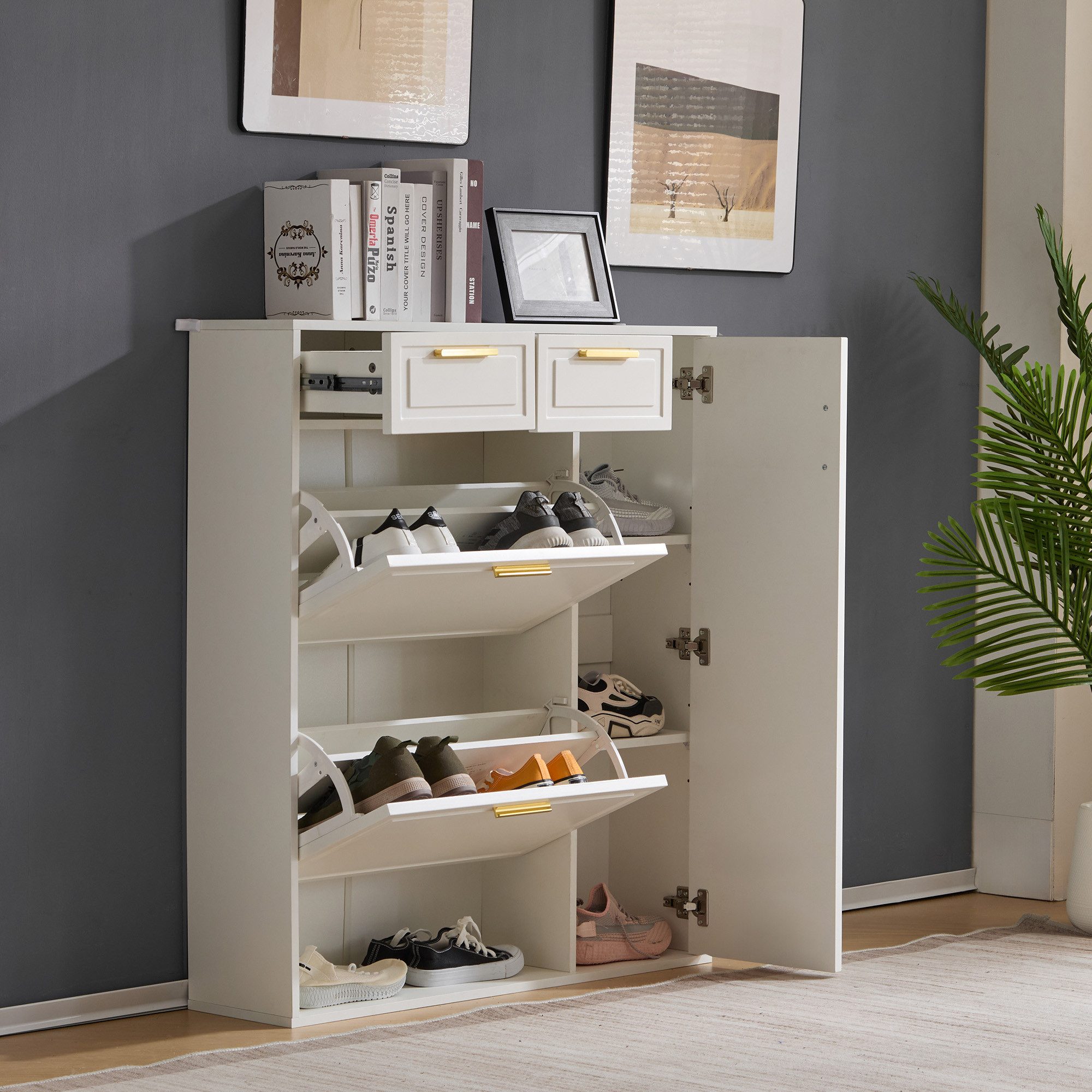 KLAM HOME Schuhschrank Moderne Schuhschrank, mit verstellbaren Regalen, goldenen Griffen (Schuhkommode mit Schubladen, Klappschuhschrank und Türen) Schuhregal Mit Kippsicherung