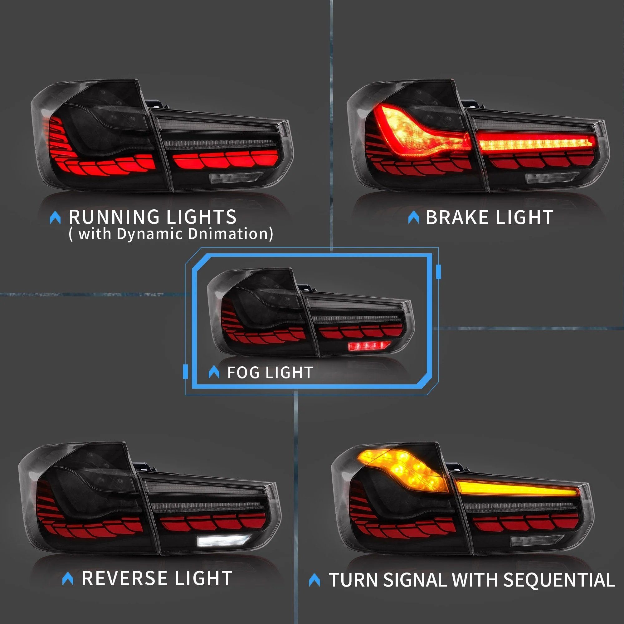 LLCTOOLS Rückleuchte Hell leuchtende LED Rückleuchte mit E-Prüfzeichen passend für BMW, 3er F30 Limousine, F35 Limousine, F80 M3 (10/2011-06/2019), Rücklicht, Bremslicht, Nebelschlussleuchte, Blinklicht und Rückfahrlicht, LED fest integriert, Voll LED, Dynamischer Blinker, Mit Lichtanimation beim Entriegeln des Fahrzeugs