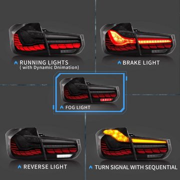 LLCTOOLS Rückleuchte Hell leuchtende LED Rückleuchte mit E-Prüfzeichen passend für BMW, 3er F30 Limousine, F35 Limousine, F80 M3 (10/2011-06/2019), Rücklicht, Bremslicht, Nebelschlussleuchte, Blinklicht und Rückfahrlicht, LED fest integriert, Voll LED, Dynamischer Blinker, Mit Lichtanimation beim Entriegeln des Fahrzeugs