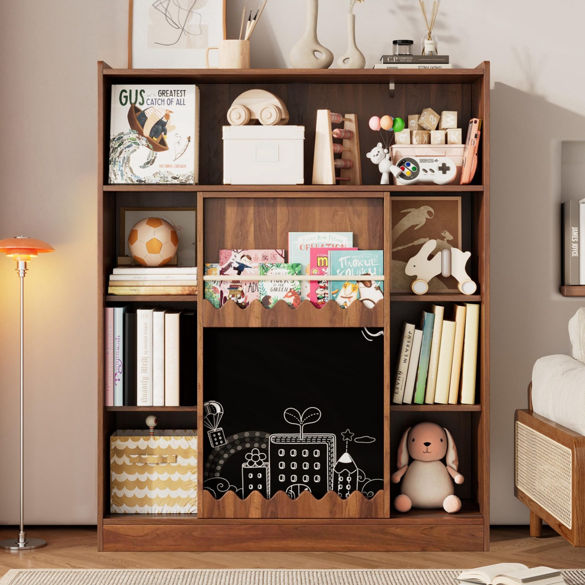 BlingBin Bücherregal Bücherschrank Standschrank Standregal Hochschrank, Aufbewahrungsschrank mit Tafel, Schiebetüren & Bilderbuchablage 1-tlg., Offenes 9-Fach Regal mit Großem Stauraum, Nussbaumfarben