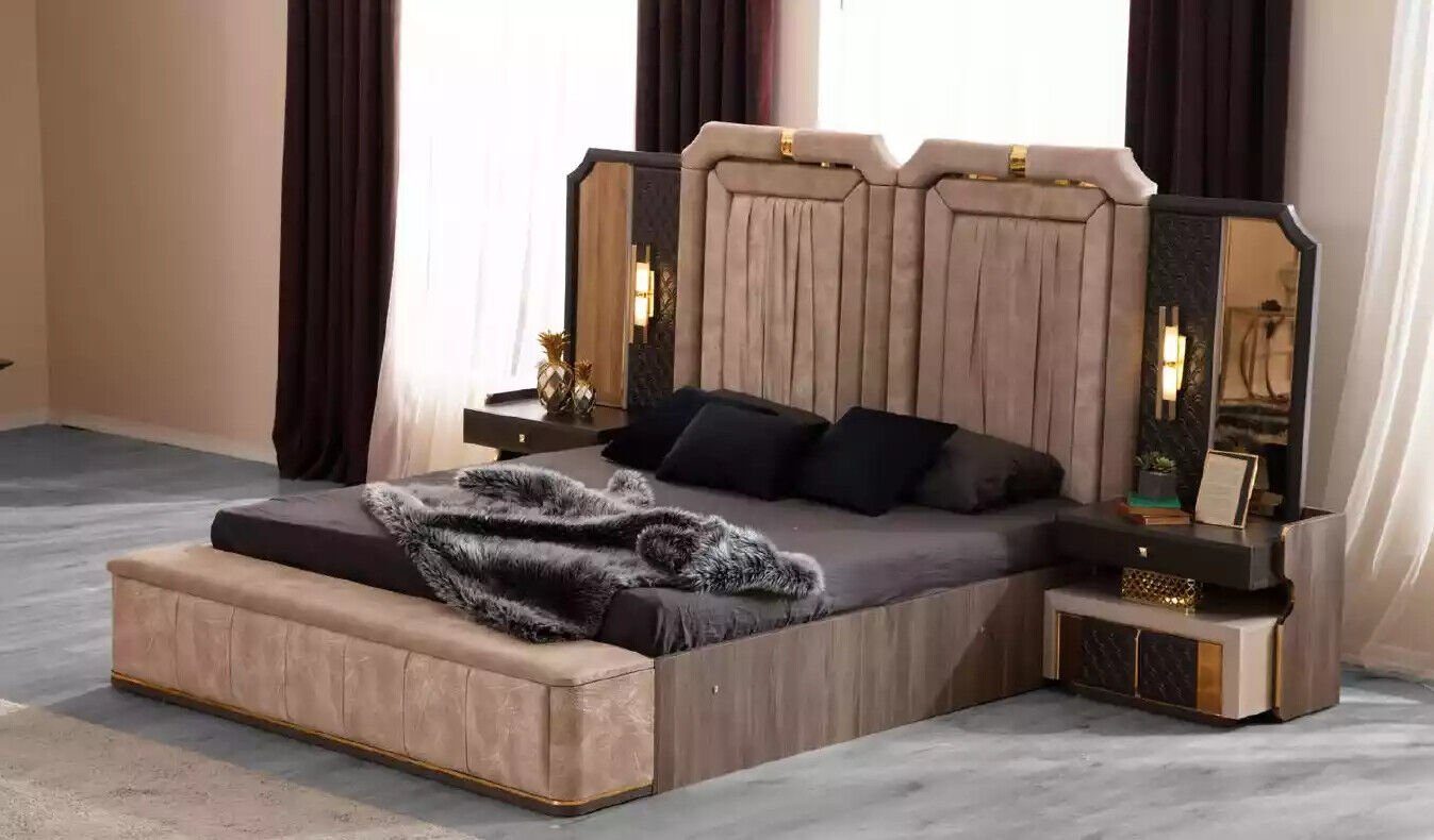 Europa Bett/Bank/2x Schlafzimmer-Set Made in Doppelbett Nachttische/Schminktisch/Bodenspiegel/Kommode), Komplette Stoff JVmoebel Schlafzimmermöbel Beige, (7-St., Groß Luxus