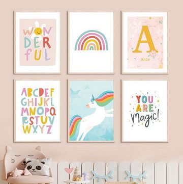 TPFLiving Kunstdruck (OHNE RAHMEN) Poster - Leinwand - Wandbild, Kinderzimmer Bild - Mädchenzimmer - (Einhorn und Regenbogen für das Jugendzimmer - Alphabet), Farben: Rosa, Grün, Rot Blau - Größe 10x15cm