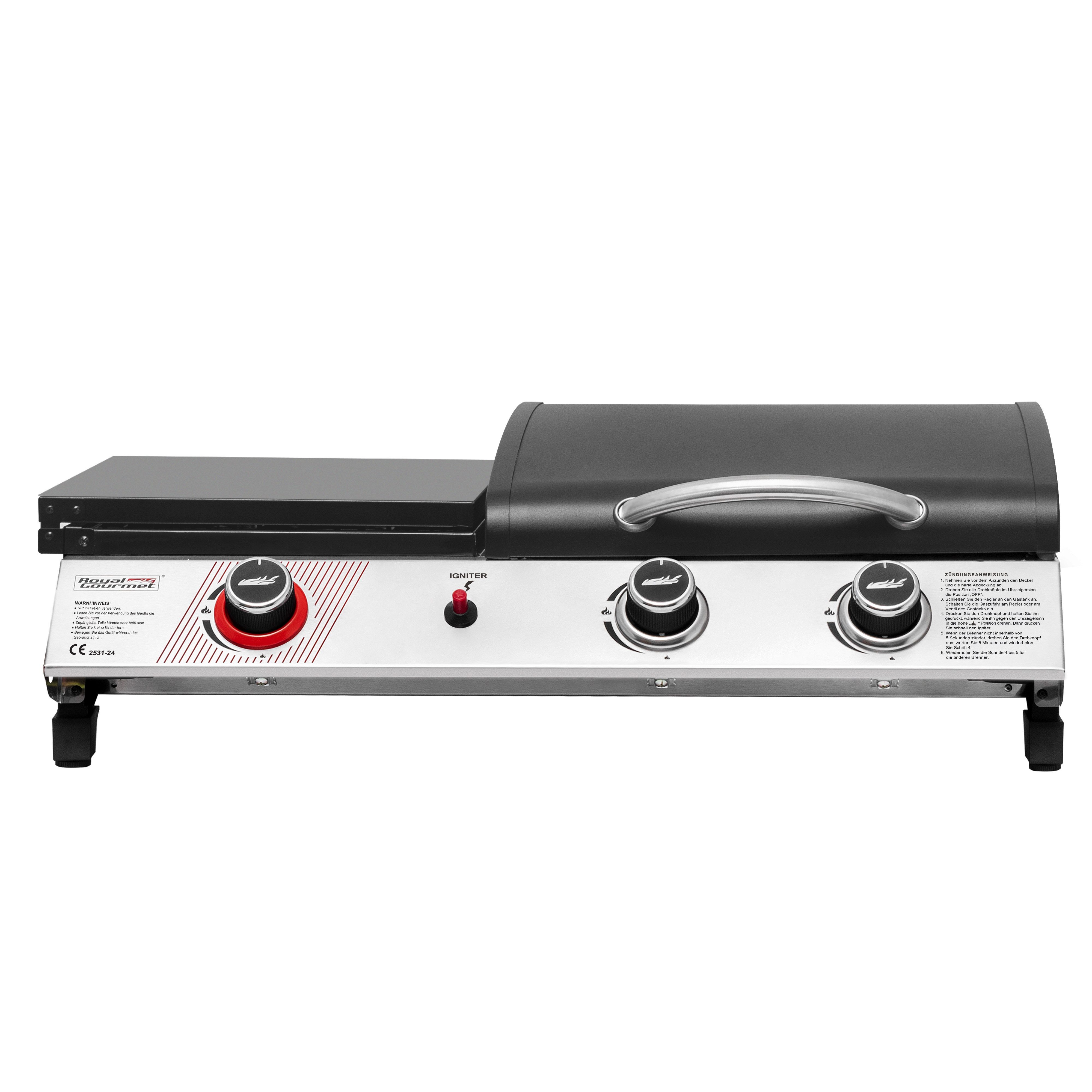 Royal Gourmet Gasgrill 3-Brenner Gasgrill, 3-in-1 Tischgrill für Grillen, Braten und Kochen, Tragbarer Campinggrill mit Klapp-Seitenablage und 8,5 kW Leistung
