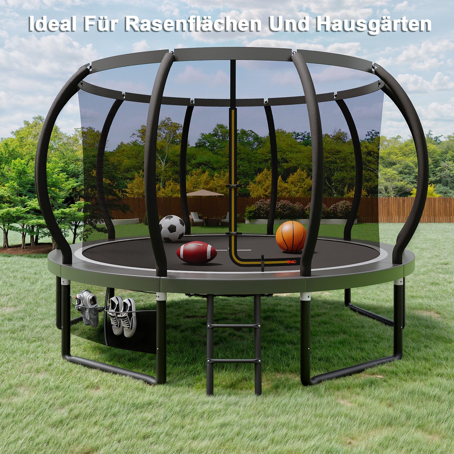 HOMALL Gartentrampolin Trampolin,Kindertrampolin mit Sicherheitsnetz und Leiter, Ø 366 cm, Ø305/366/427cm,gepolstertes Gestell,150kg,Schutzranabdeckung