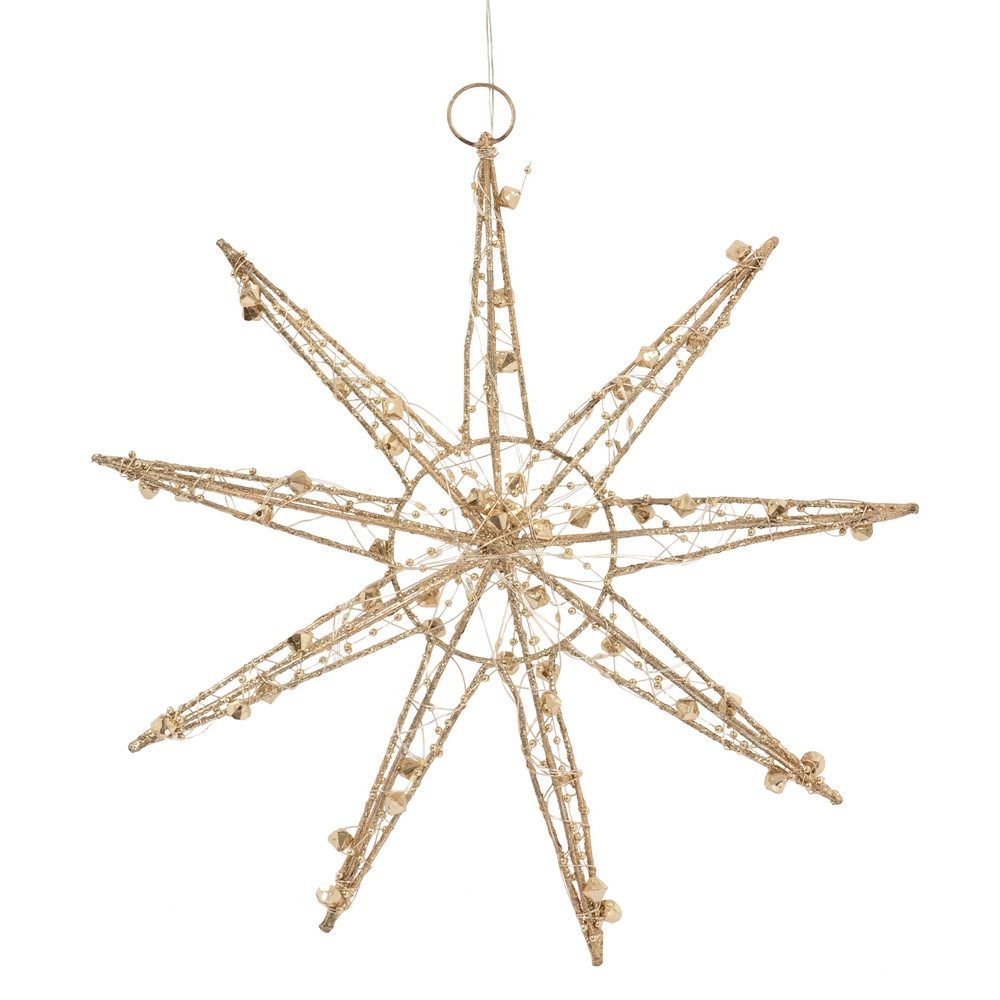 ECD Germany LED Stern Weihnachtsstern Weihnachten Schneeflocke Weihnachtsdeko Fensterdeko, LED 30cm warmweiß Gold batteriebetrieben Metall mit Timer