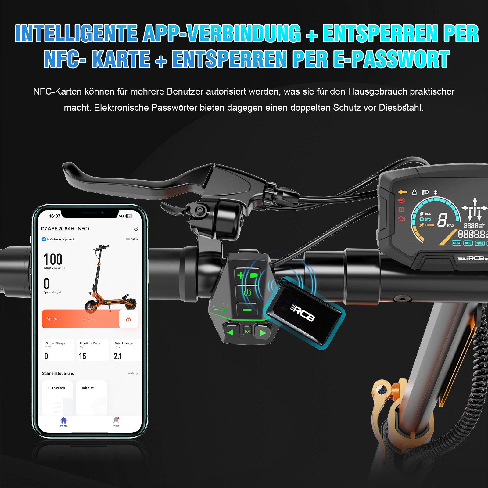 RCB E-Scooter D7/D7 PRO ABE (Ultra), NFC/Blinker/APP, 90-120KM Reichweite, 500,00 W, 20 km/h, Maximale Leistung: 1600 W, 26% Steigung