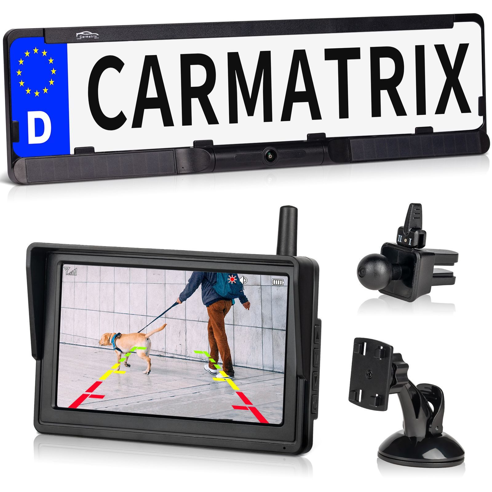 CARMATRIX Premium Solar 4 Rückfahrkamera (HD Solar Funk Video Rückfahrsystem im Nummernschild Kennzeichenhalter, Rückfahrkamera mit Solarpanel Akku kabellos ohne Bohren nachrüsten)
