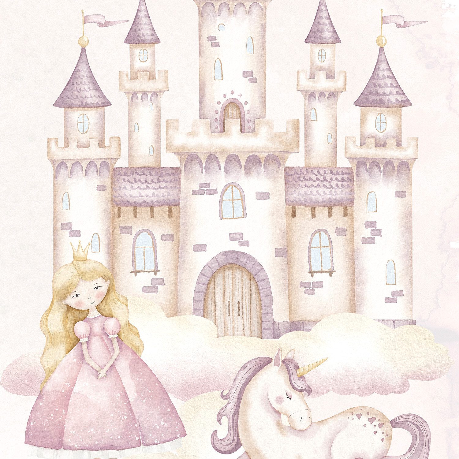 Rasch Fototapete Kinderzimmer mit Prinzessin, Schloss und Einhorn - 2,80m x 1,59m (LxB), strukturiert, gemustert, (1 Rolle, 1 St), Prinzessin
