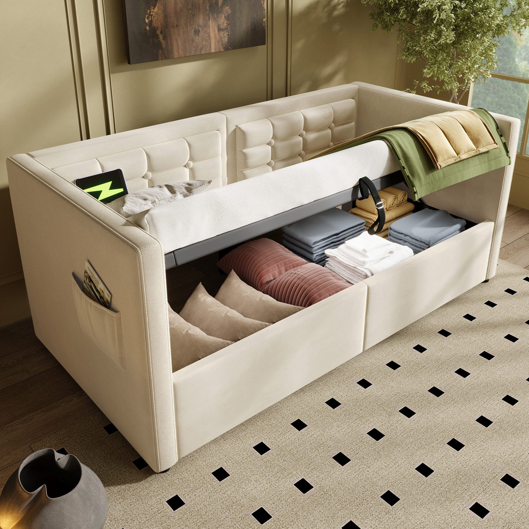 Daybett Samt Schlafsofa mit hydraulischem Stauraum