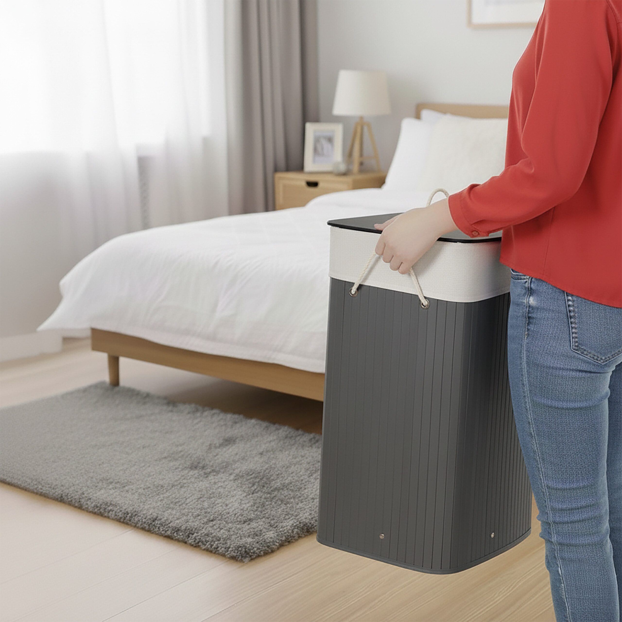 relaxdays Wäschekorb Bambus Wäschekorb mit Deckel, grau günstig online kaufen