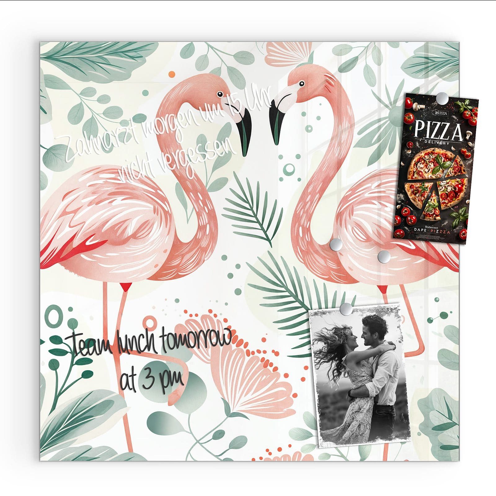 Primedeco Magnettafel Glas Flamingo Blätter Pinnwand Whiteboard beschreibbar, (Inklusive Stift, Magnete und Montagematerial, 1-tlg., 9 verschiedene Größen), Magnetisch und Beschreibbar