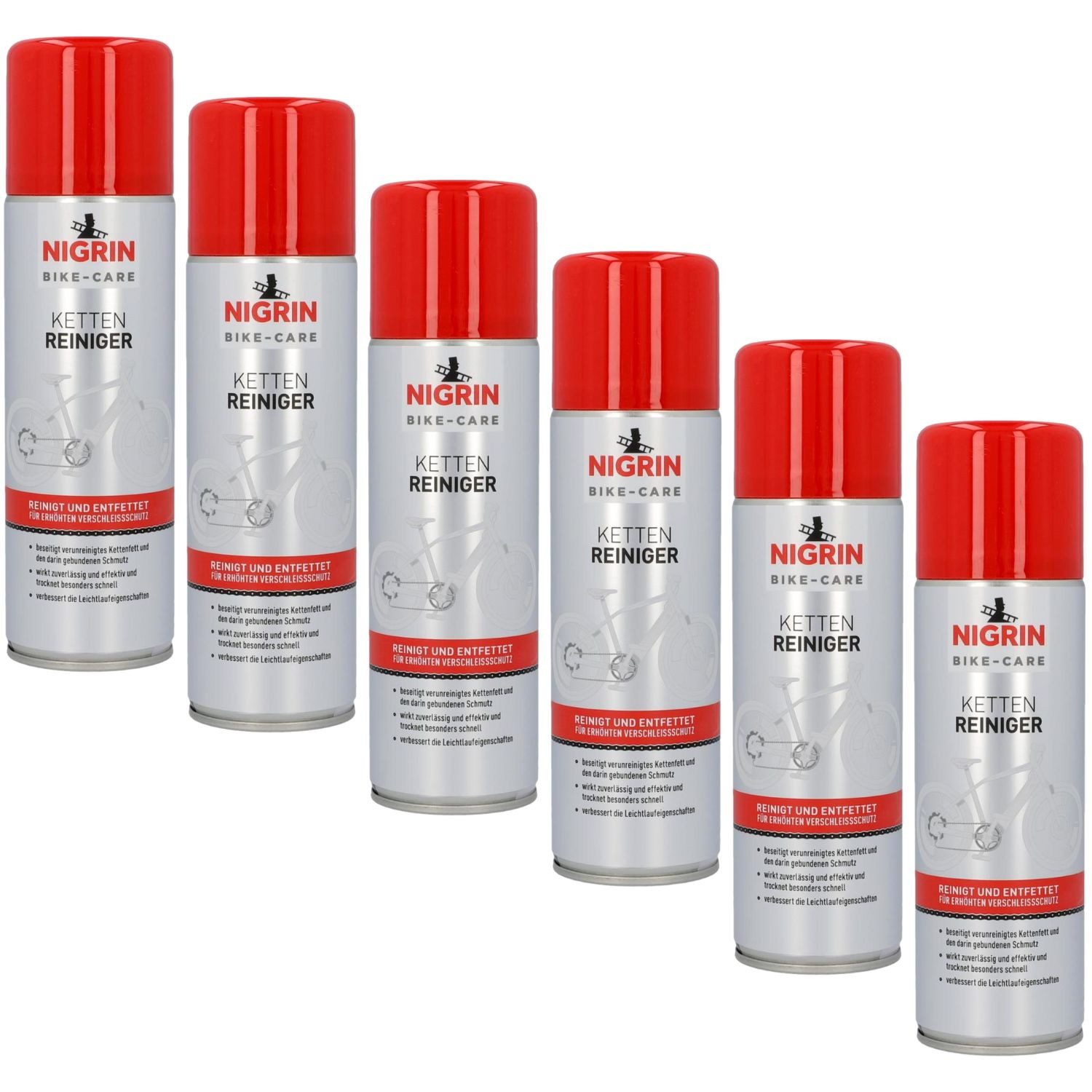NIGRIN Set 6x Bike Ketten-Reiniger Spray Entfetter Pflege Reinigungsspray (Set, [6-St. Entfetter Reinigung Pflege für Fahrräder Pedelecs E-Bikes Reinigung)