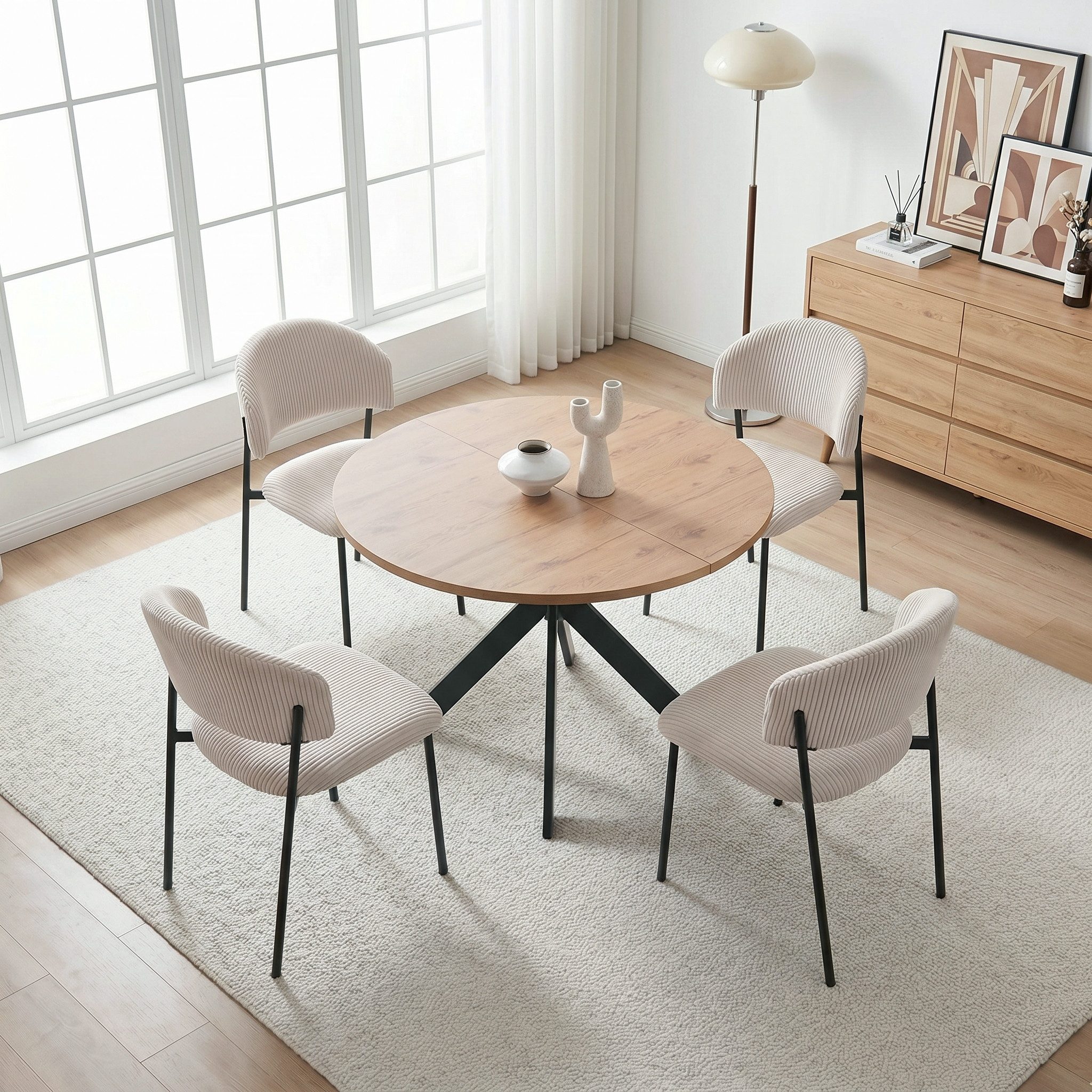 Jiexi Essgruppe Runder Esstisch 110cm MDF Set mit 4 Cord Stühlen Kreuzgestell – Bild 2 von 5