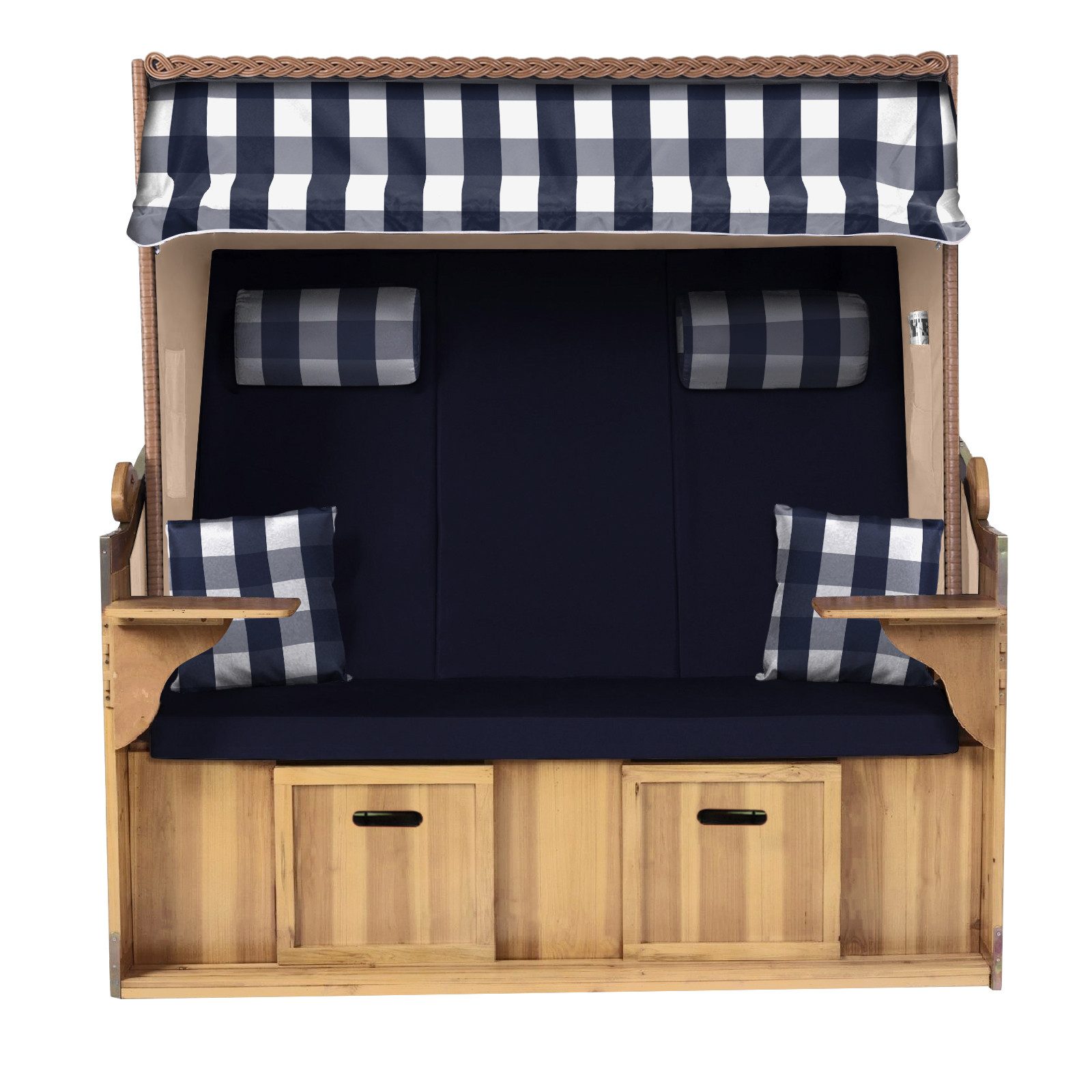 Strandkorb Hanse Strandkorb Strandkorb Ostsee XXL 2,5-Sitzer Volllieger Beige Blau, BxTxH: 150x80x160 cm, Ostsee XXL Volllieger, Ostsee 2,5-Sitzer Modell 2025, Stabiles Wacholder mit handgefertigtem Polyrattangeflecht