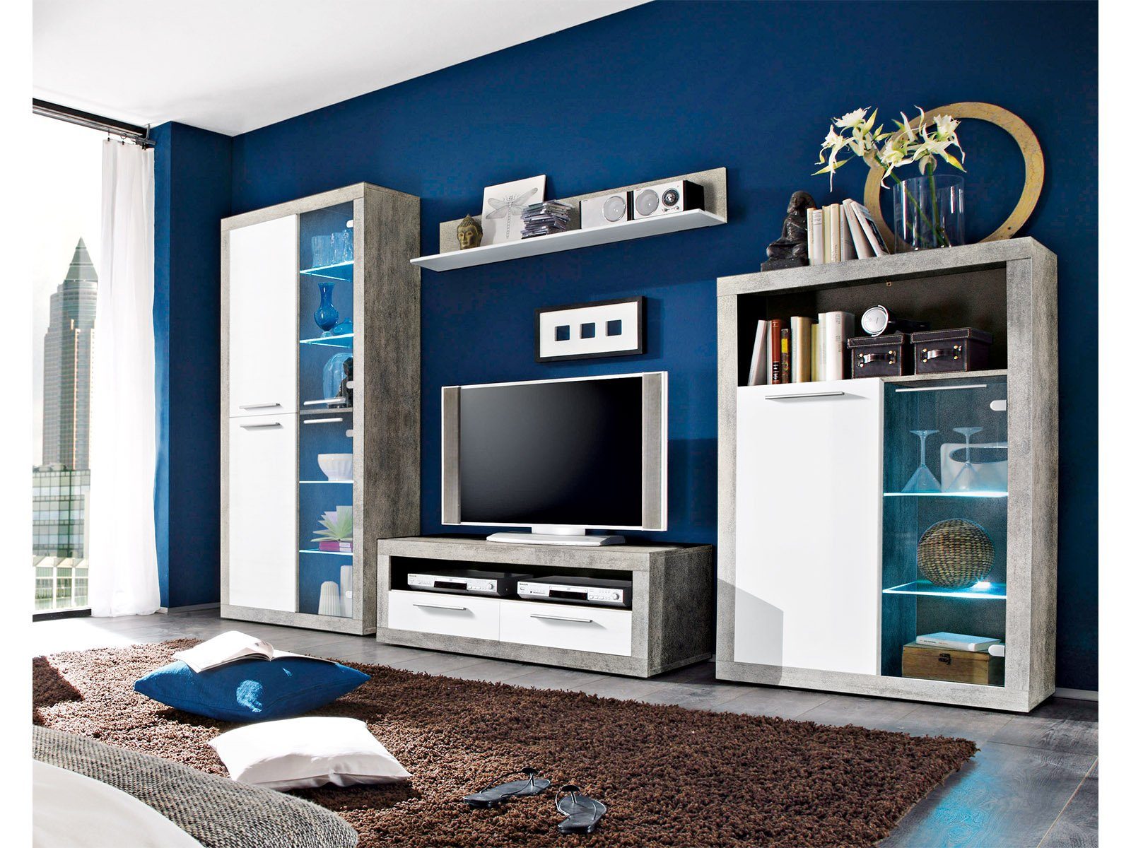 PREISBRECHER Vitrine Rio de Janeiro Betonoptik, Weiß-Glanz, 2 Glastüren, inkl. LED – BxHxT:92x194x37 cm