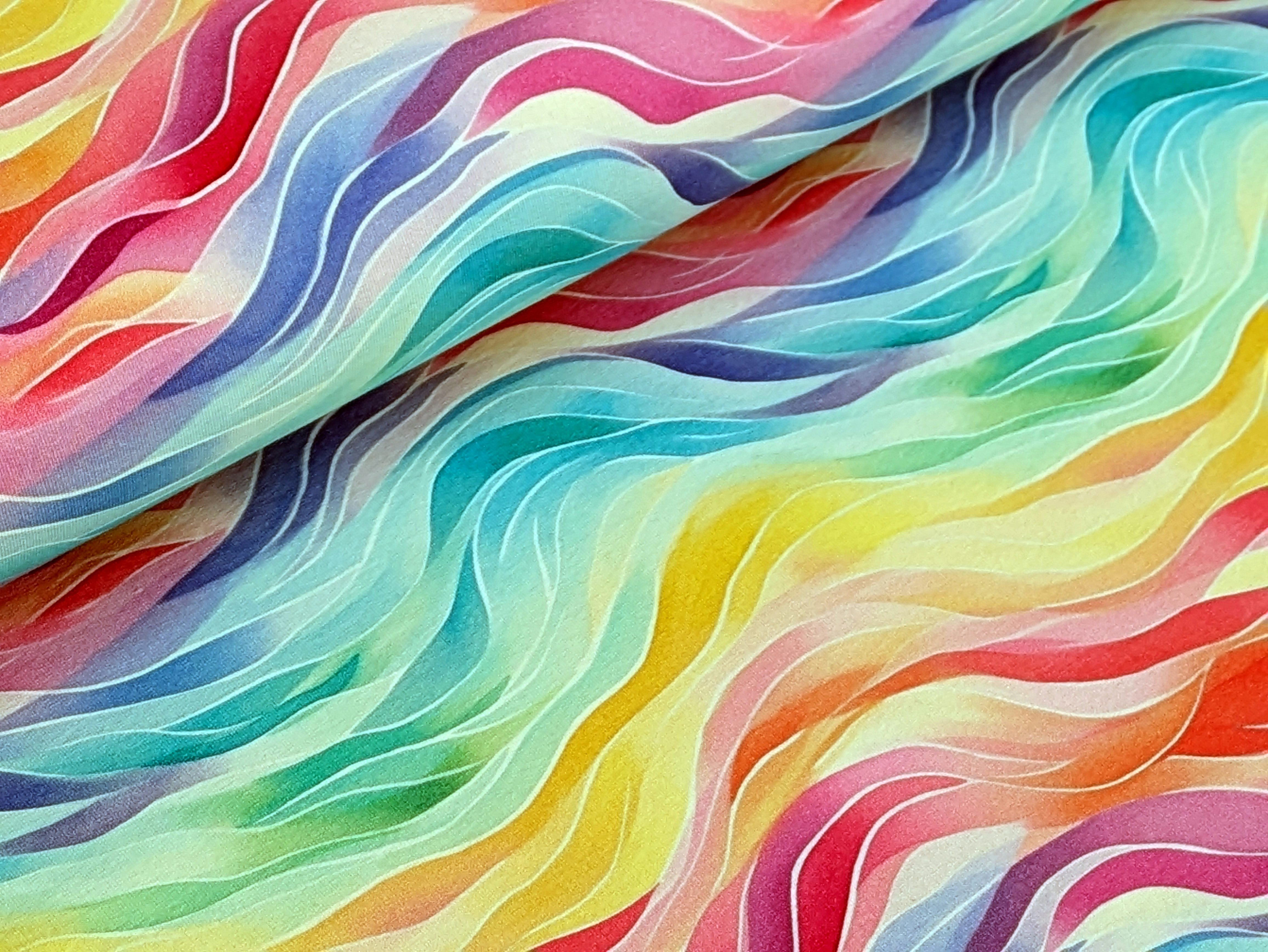 Corileo Stoff EP Bio French Terry Regenbogen Wellen auf Pastell Stoff Meterware