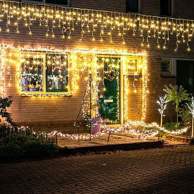 Rosnek LED-Lichterkette 10.8M, 8 Modi, Timmer, LED Lichtvorhang Weihnachtsdeko, LED Icicle String Light, IP44 Wasserdicht, Fernsteuerung;