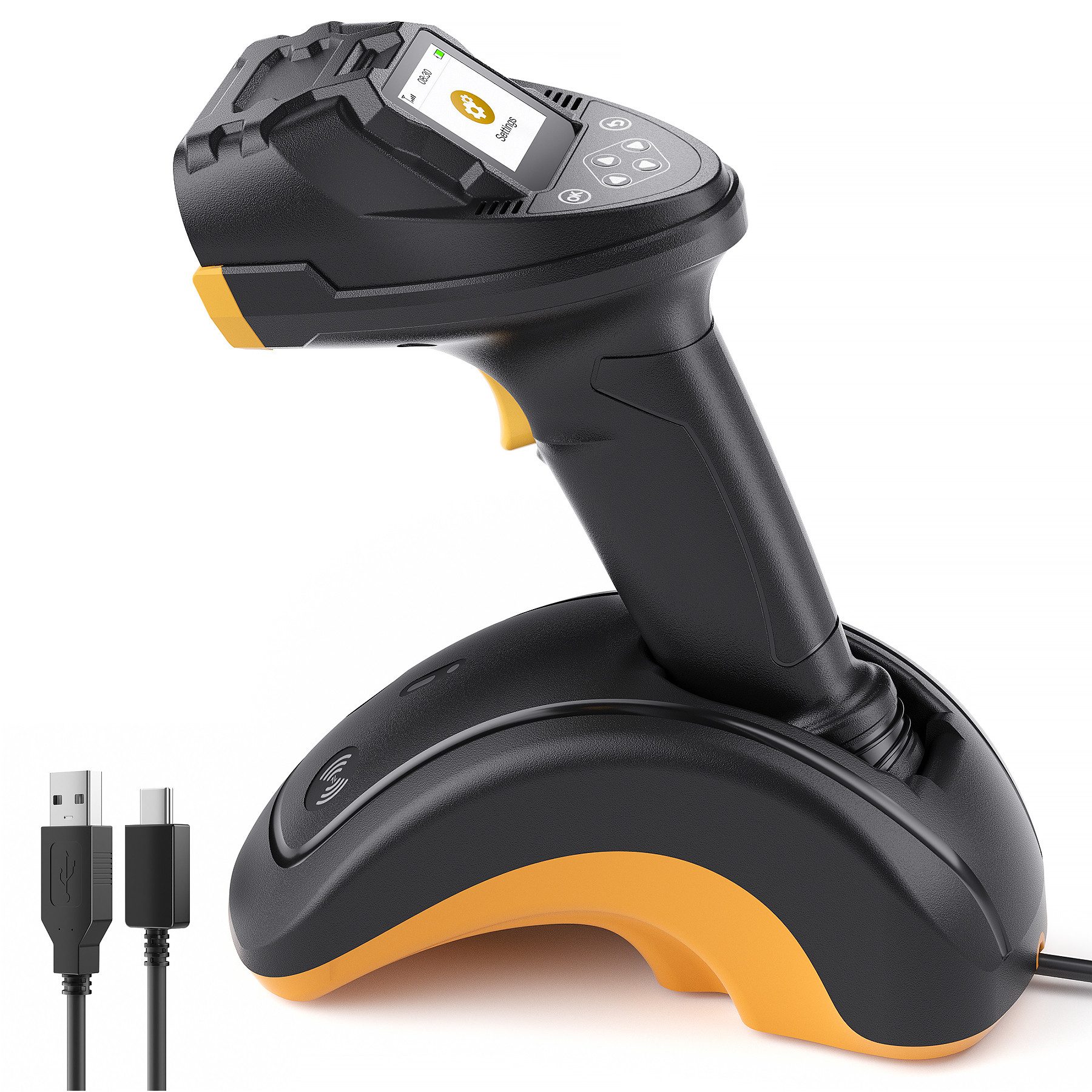 Inateck Kabelloser 2D/1D/QR-Code-Barcodescanner mit Display und Smart Base Handscanner, (CMOS CCD Dual - Modul, größerer Bereich, unterstützt App - SDK)