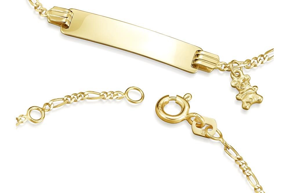 Silberkettenstore Goldarmband Kinder-Gravurarmband Figaro 1,5mm mit Bär - 333 Gold, Länge wählbar