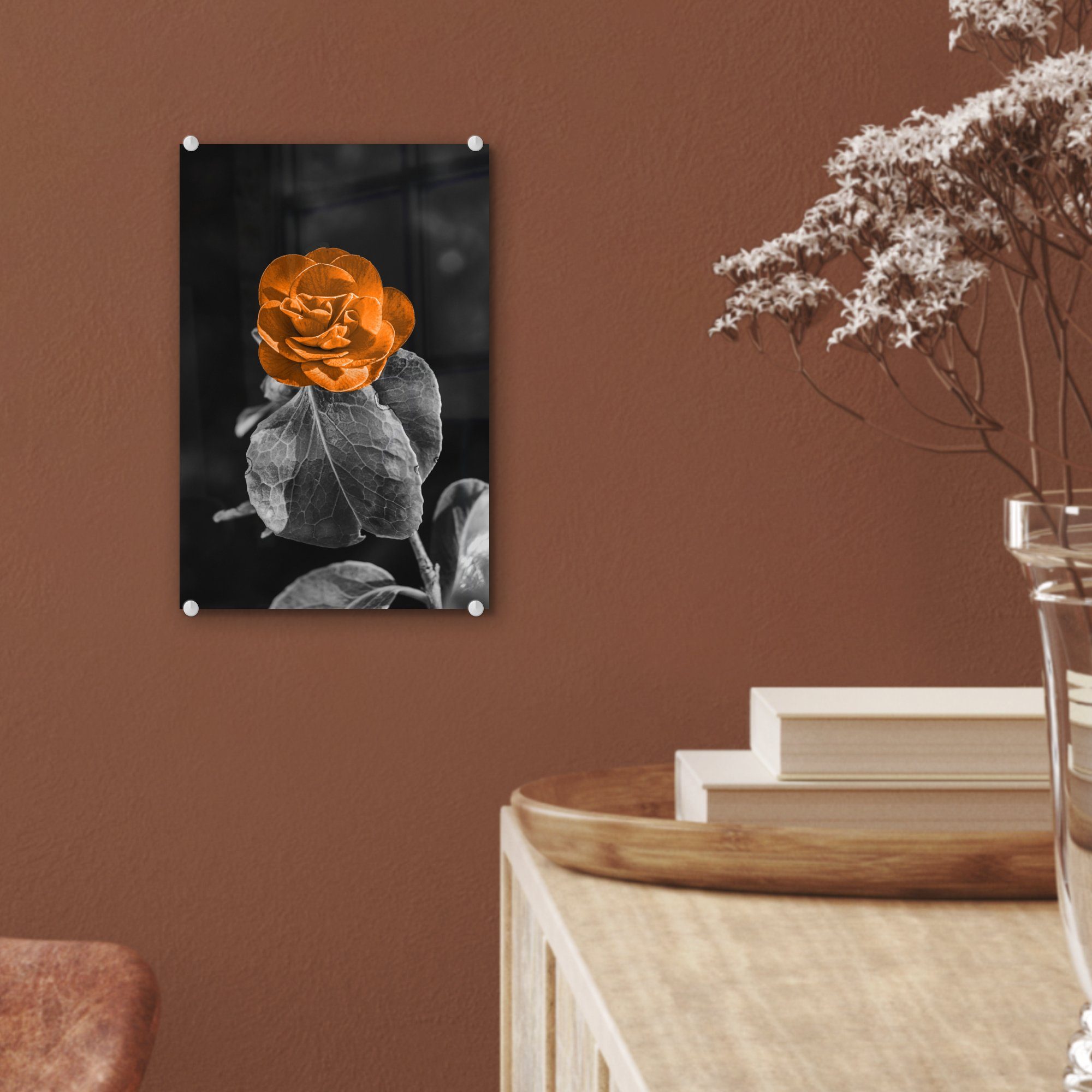 - - Foto Wandbild - Glasbilder Weiß, - Orange Bilder (1 Acrylglasbild Blumen Glas Schwarz - MuchoWow Rosen Wanddekoration St), - auf Glas auf -