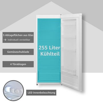 Telefunken Kühlschrank KTFK265FW2, 144 cm hoch, 54 cm breit, Großer Standkühlschrank ohne Gefrierfach, 255 L Gesamt-Nutzinhalt