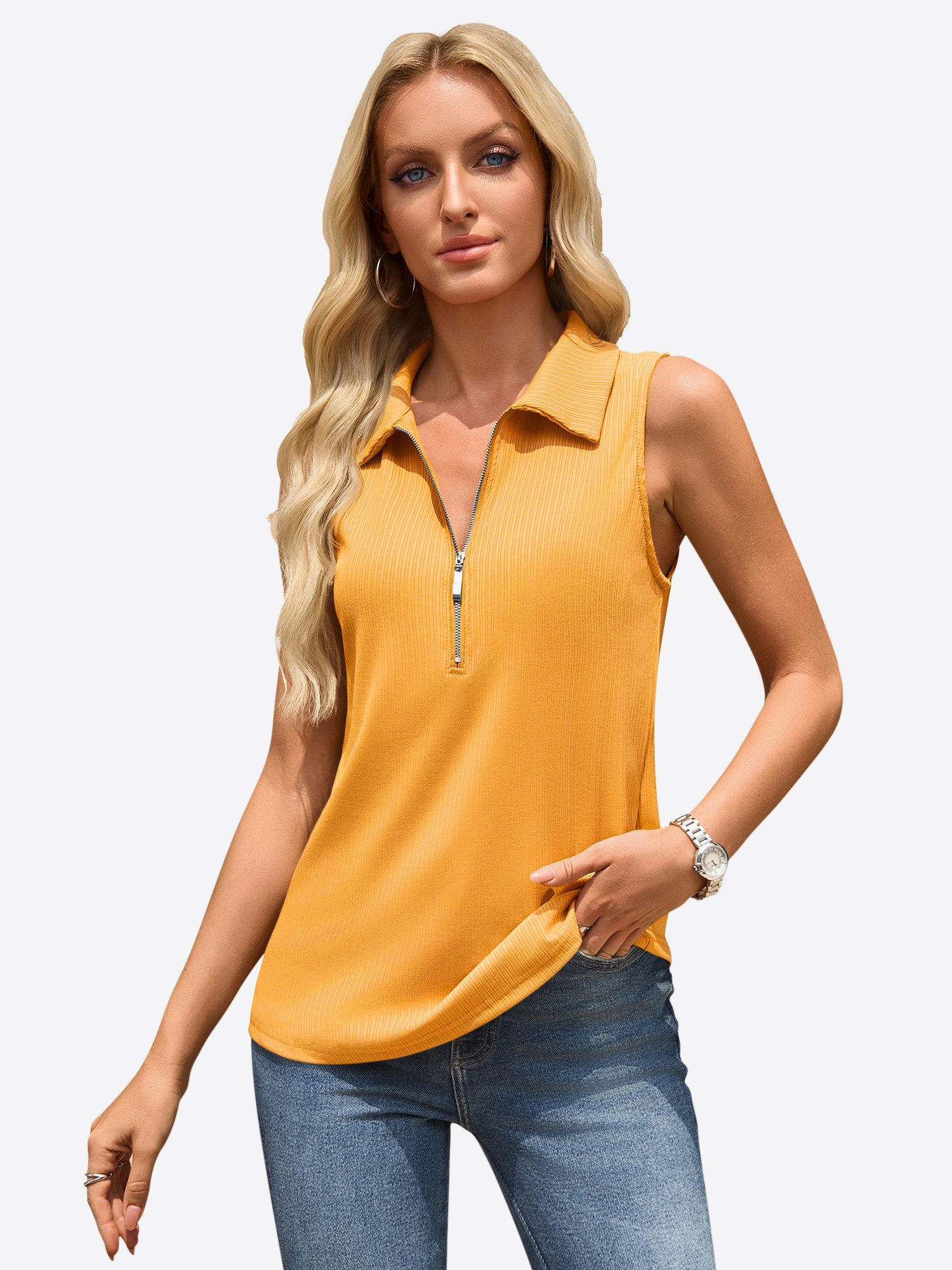 Imily Bela Tanktop Damen Sommer gerippt ärmellos V-Ausschnitt Polo-Kragen (Packung, 1-tlg., 1per-Pack) mit Reißverschluss in Unifarbe
