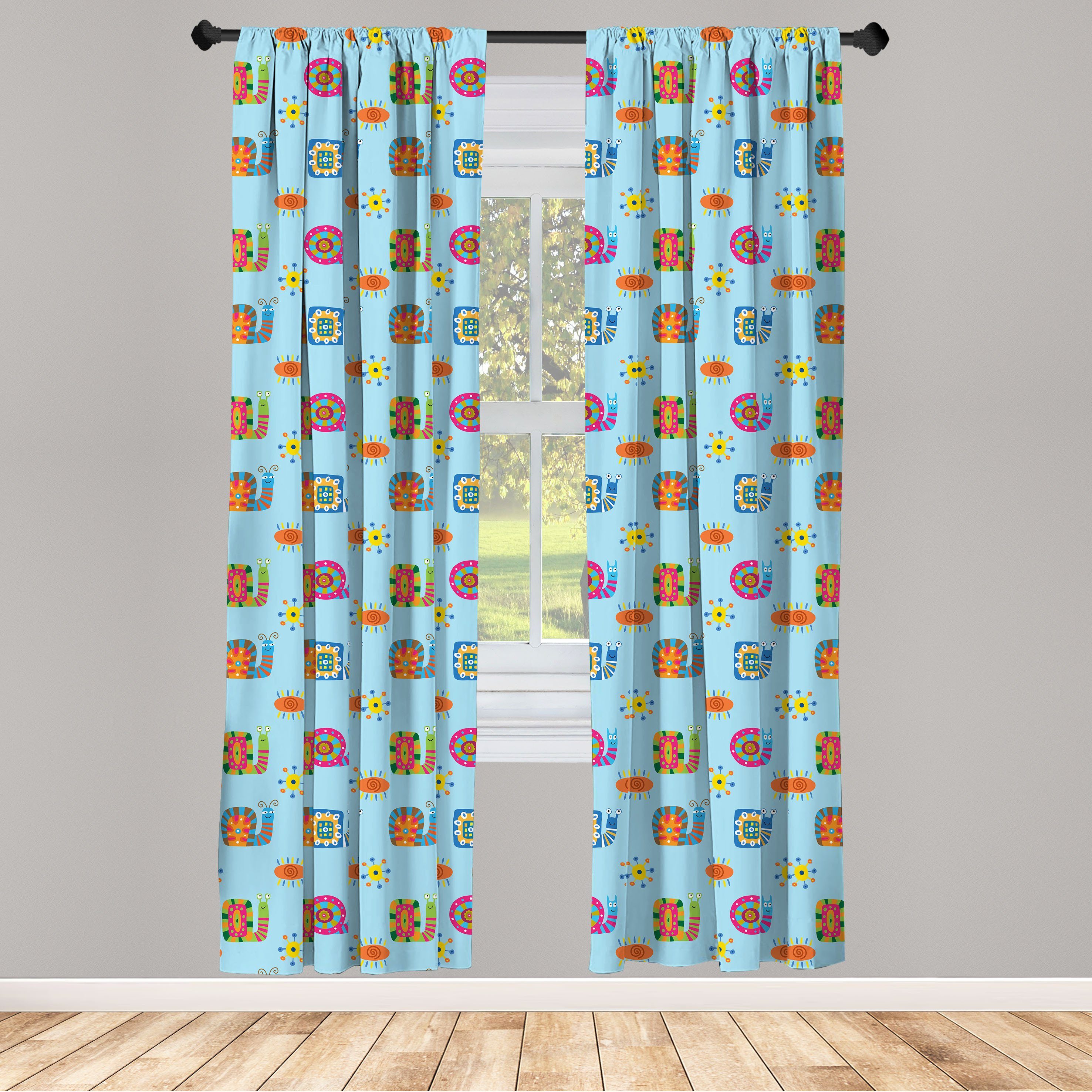 Gardine Vorhang für Wohnzimmer Schlafzimmer Dekor, Abakuhaus, Microfaser, Schnecke Sonne und Blumen-Symbol Kunst