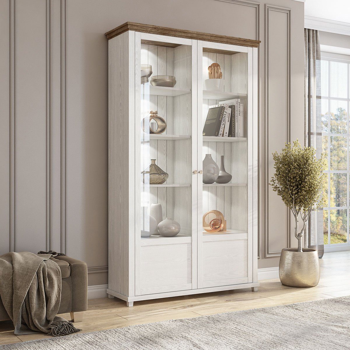 Helvetia Vitrine Elda (Evora, 1-teilig) pinie 126cm Eiche Ribbek weiß / 2-türig