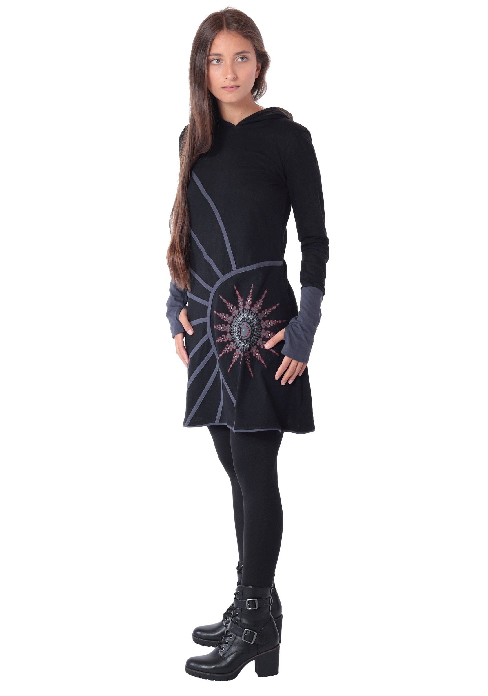 PUREWONDER Sweatkleid Alternatives Kapuzenkleid aus Baumwolle, Goa Kleid Nr. 77 Schwarz S Ganzjahreskleid